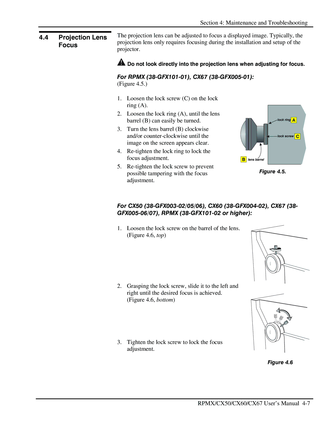 Christie Digital Systems CX60, CX50 user manual Projection Lens Focus, For Rpmx 38-GFX101-01, CX67 38-GFX005-01 Figure 