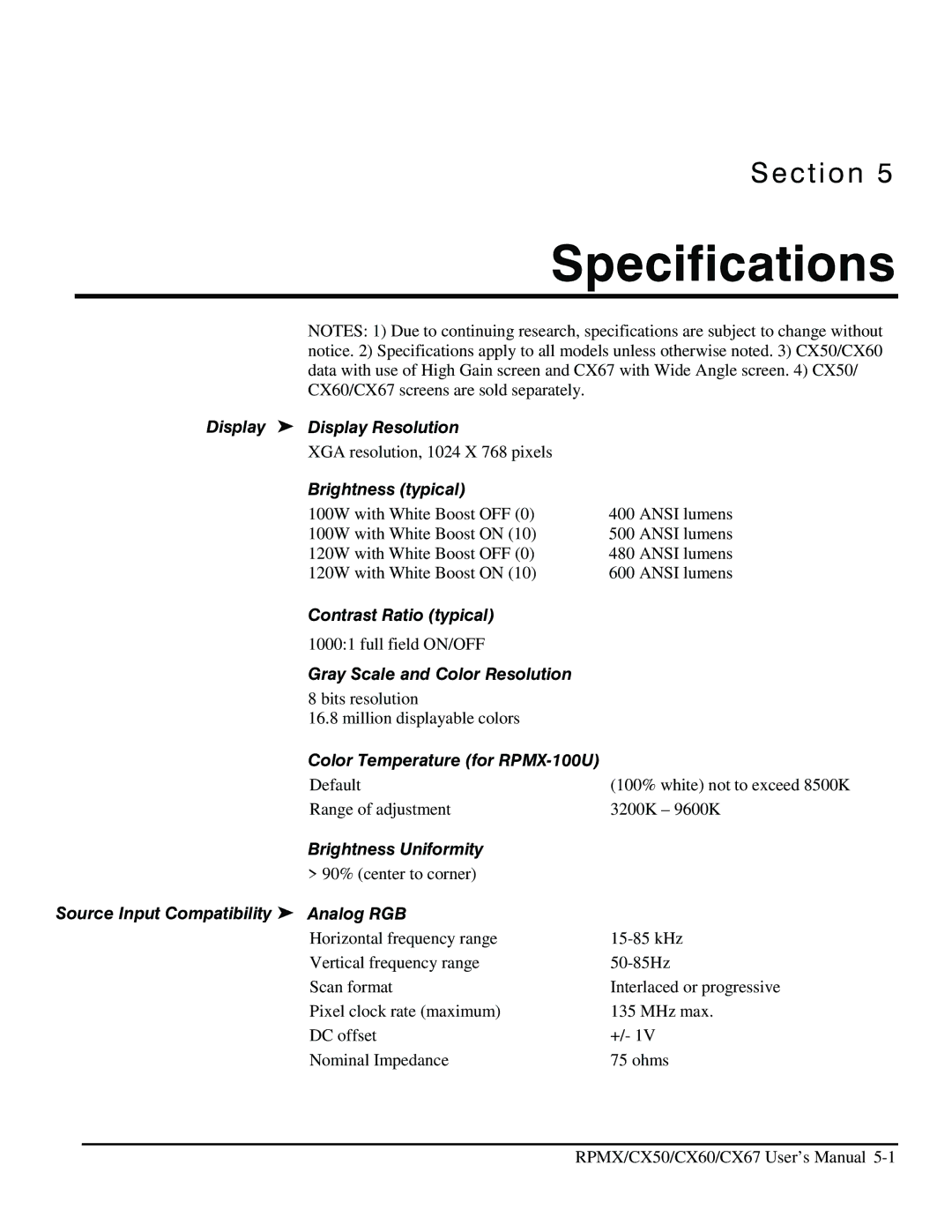 Christie Digital Systems CX50, CX67, CX60 user manual Specifications 