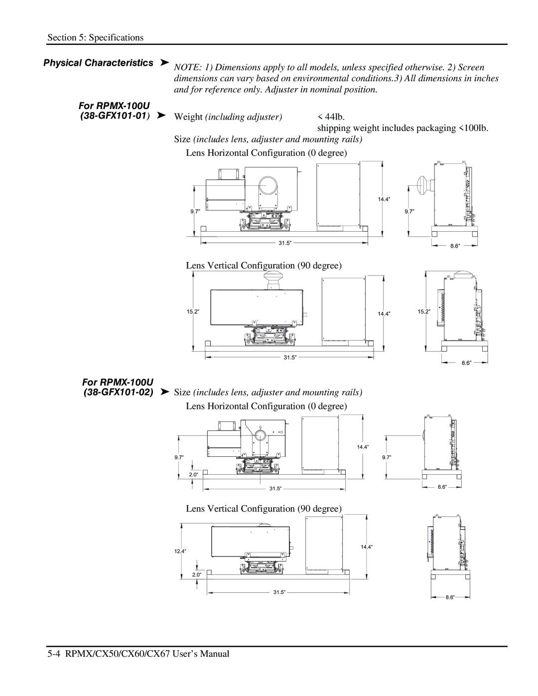 Christie Digital Systems CX50, CX67, CX60 user manual For RPMX-100U 38-GFX101-01, Weight including adjuster 