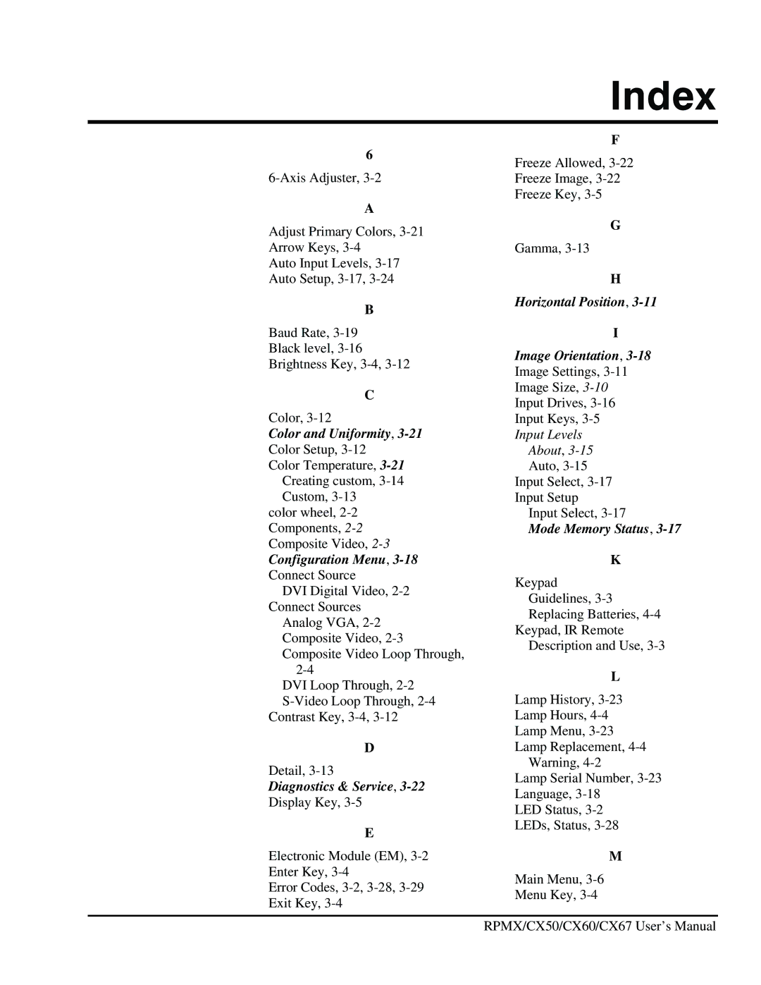 Christie Digital Systems CX50, CX67, CX60 user manual Index, Input Levels, About 