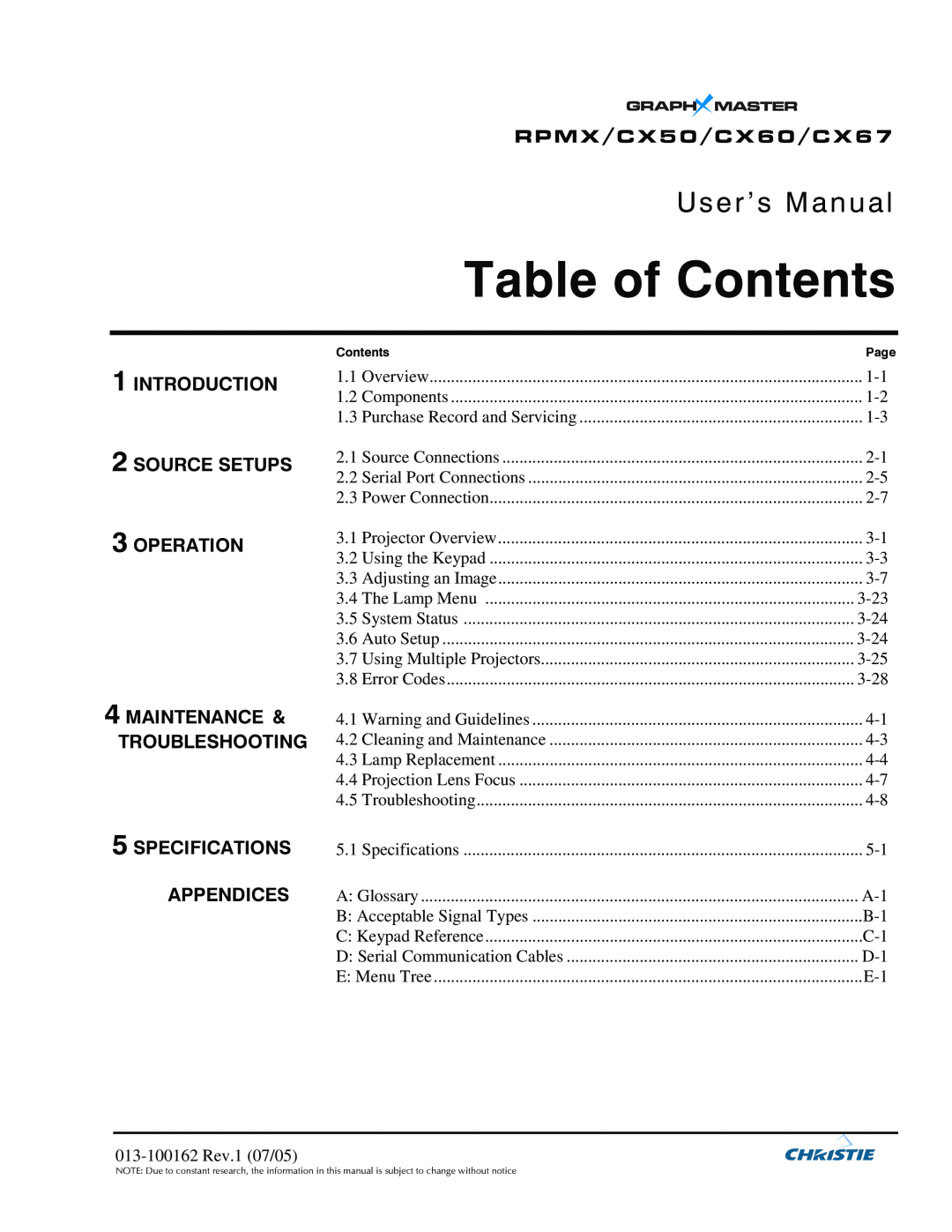 Christie Digital Systems user manual Table of Contents, User’s Manual, RPMX/CX50/CX60/CX67, Introduction, Source Setups 
