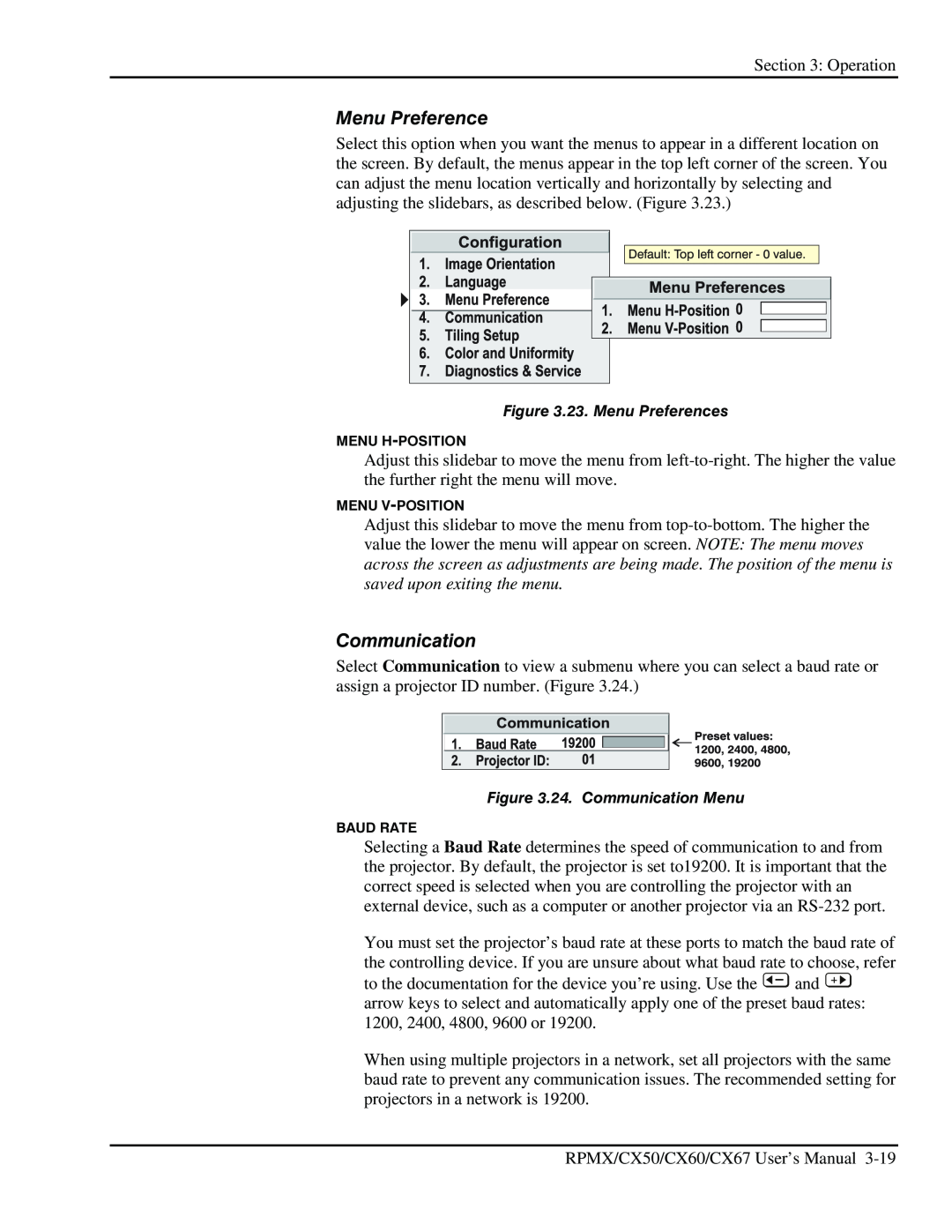 Christie Digital Systems CX60, CX50, CX67 user manual 23. Menu Preferences, 24. Communication Menu 