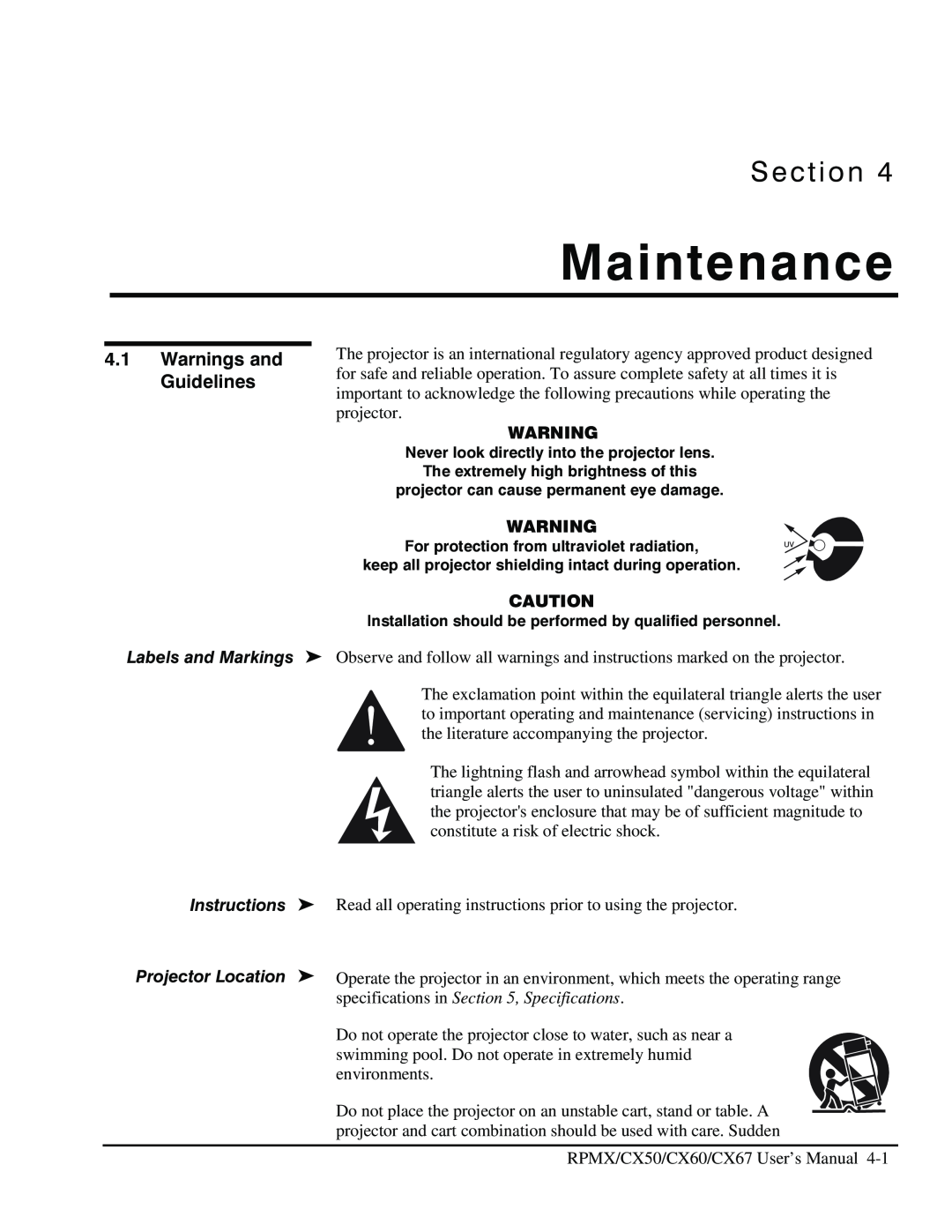 Christie Digital Systems CX60, CX50, CX67 user manual Maintenance, Warnings and Guidelines, Section 