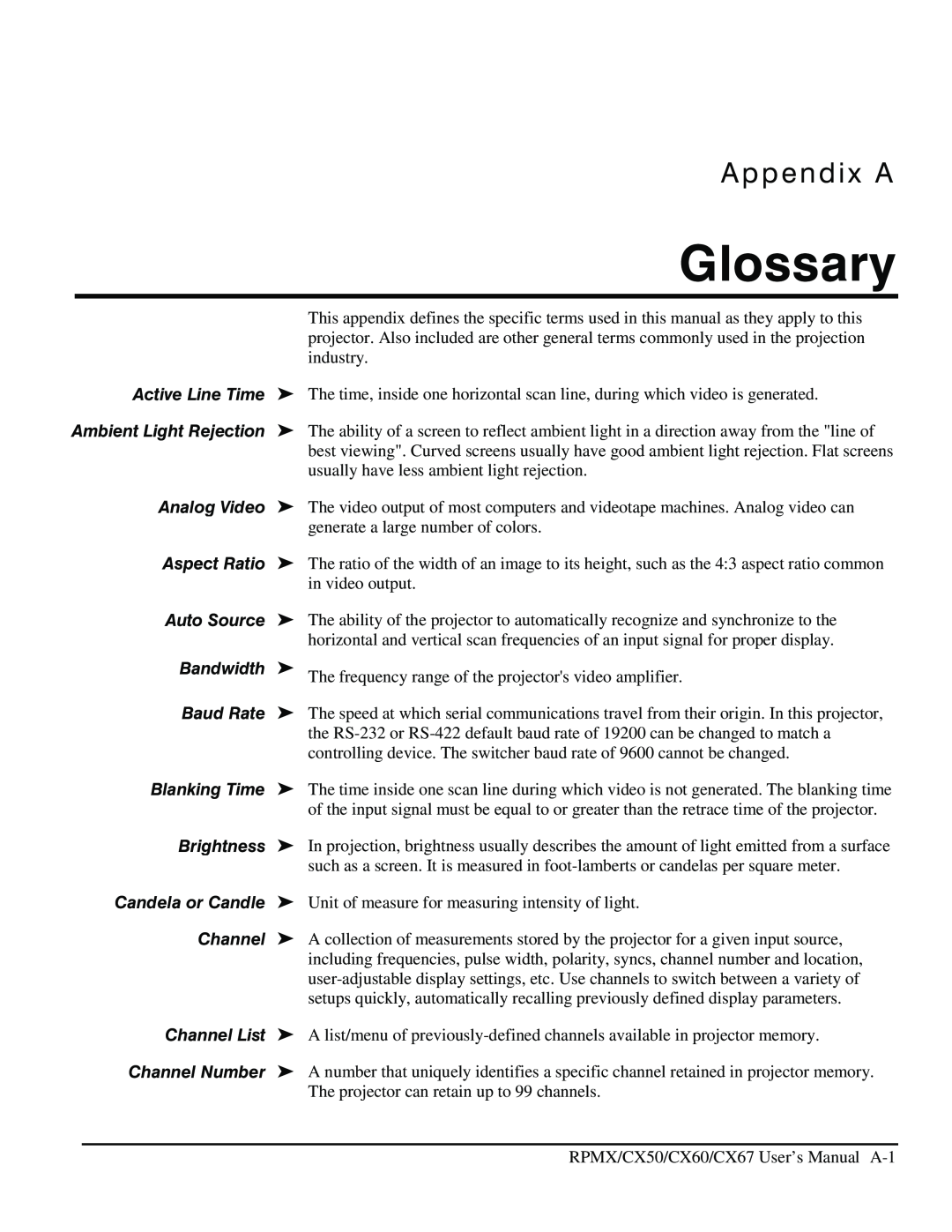 Christie Digital Systems CX60, CX50, CX67 user manual Glossary, Appendix A 