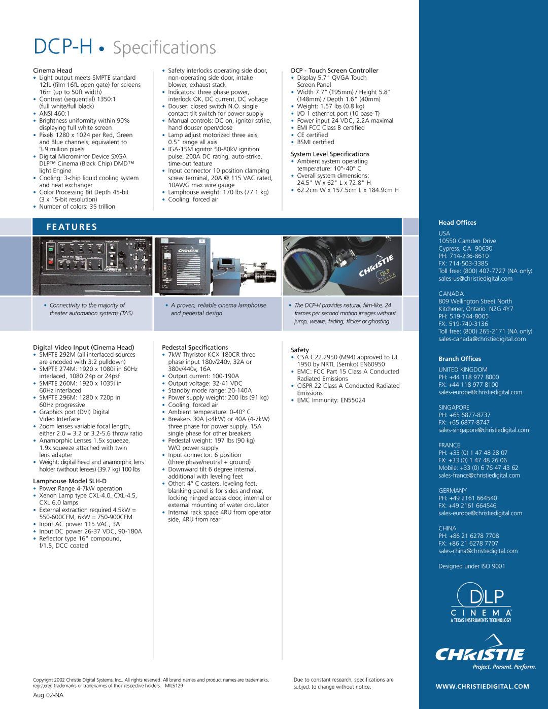 Christie Digital Systems DCP-H manual At U R E S, Head Offices, Branch Offices 