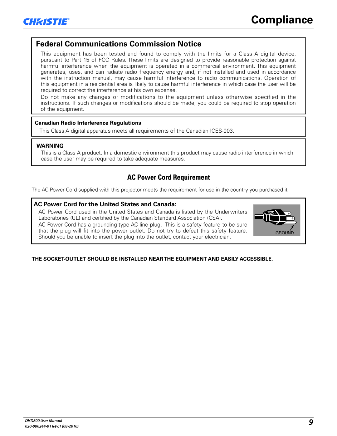 Christie Digital Systems DHD800 user manual Compliance, AC Power Cord for the United States and Canada 