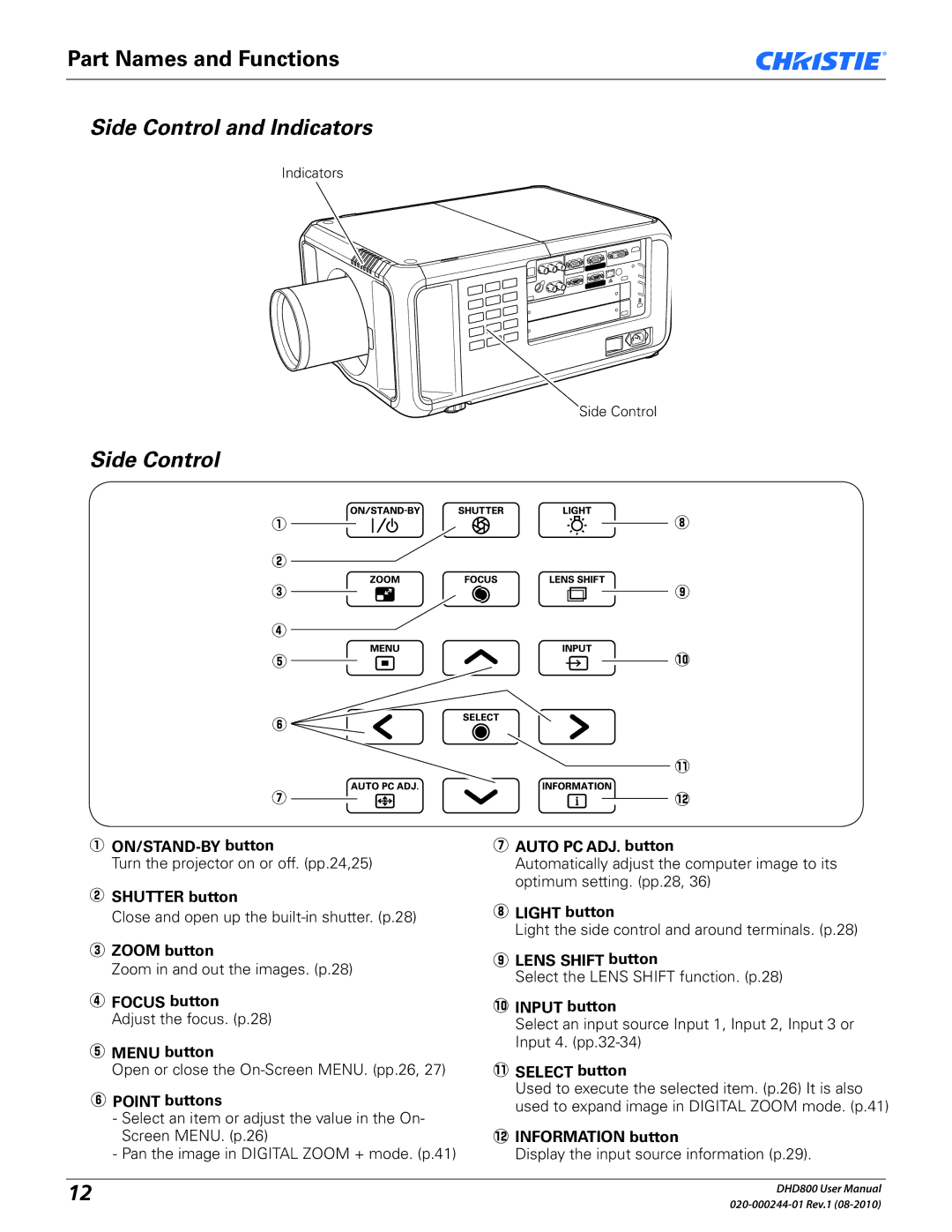 Christie Digital Systems DHD800 user manual Side Control and Indicators 