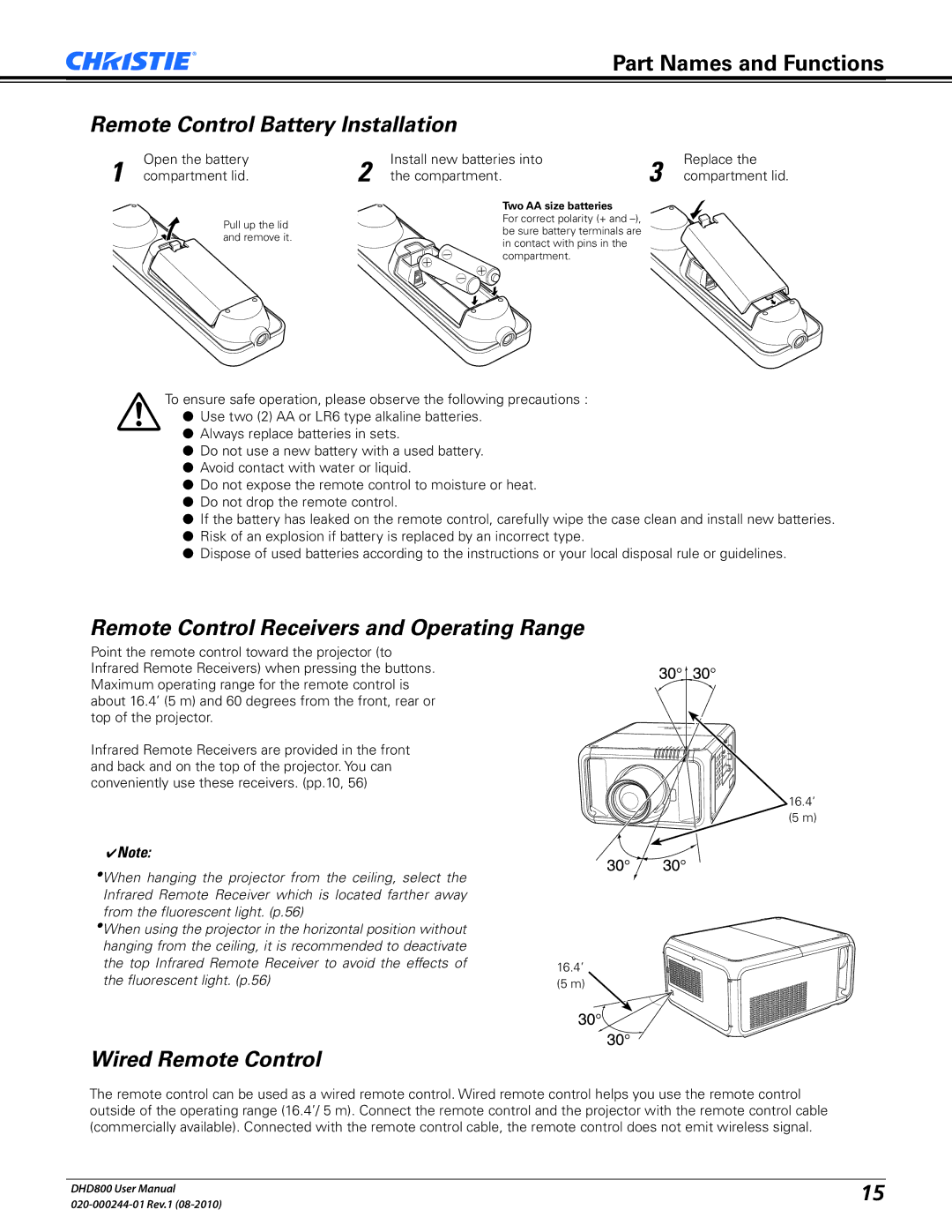 Christie Digital Systems DHD800 Remote Control Battery Installation, Remote Control Receivers and Operating Range 