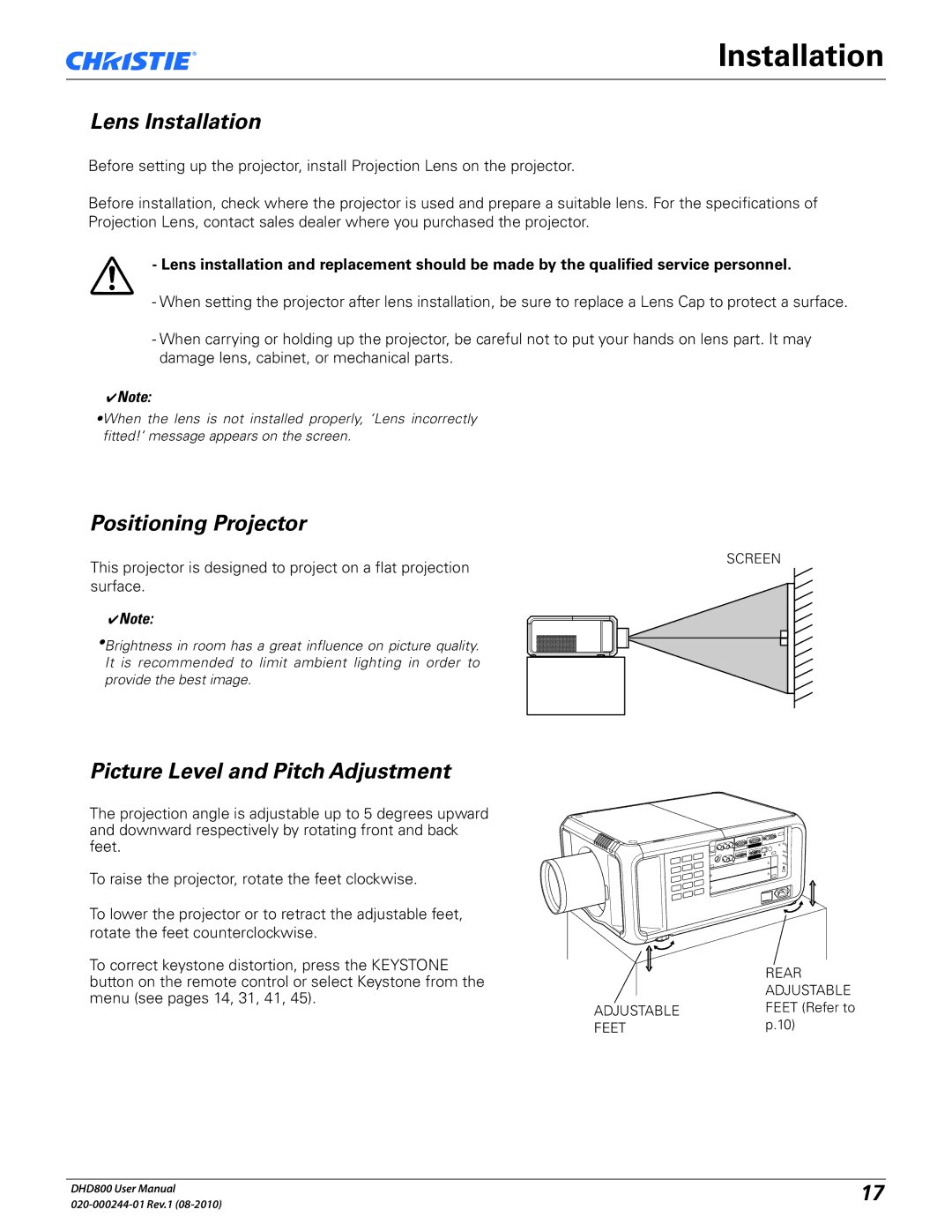 Christie Digital Systems DHD800 Lens Installation, Positioning Projector, Picture Level and Pitch Adjustment 