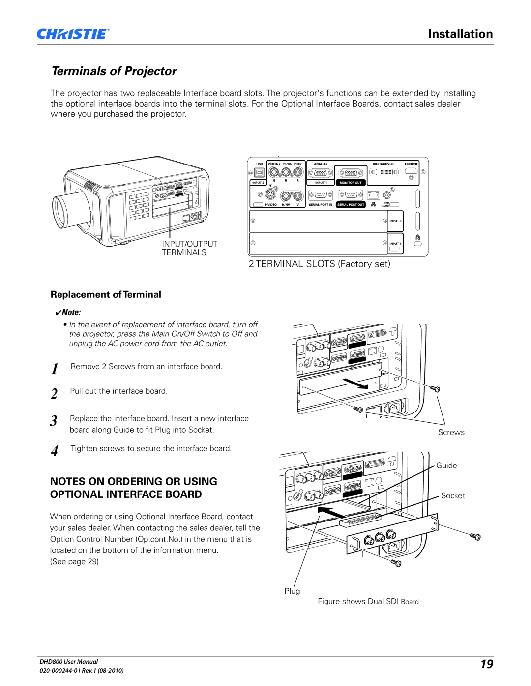 Christie Digital Systems DHD800 user manual Terminals of Projector, Replacement of Terminal 