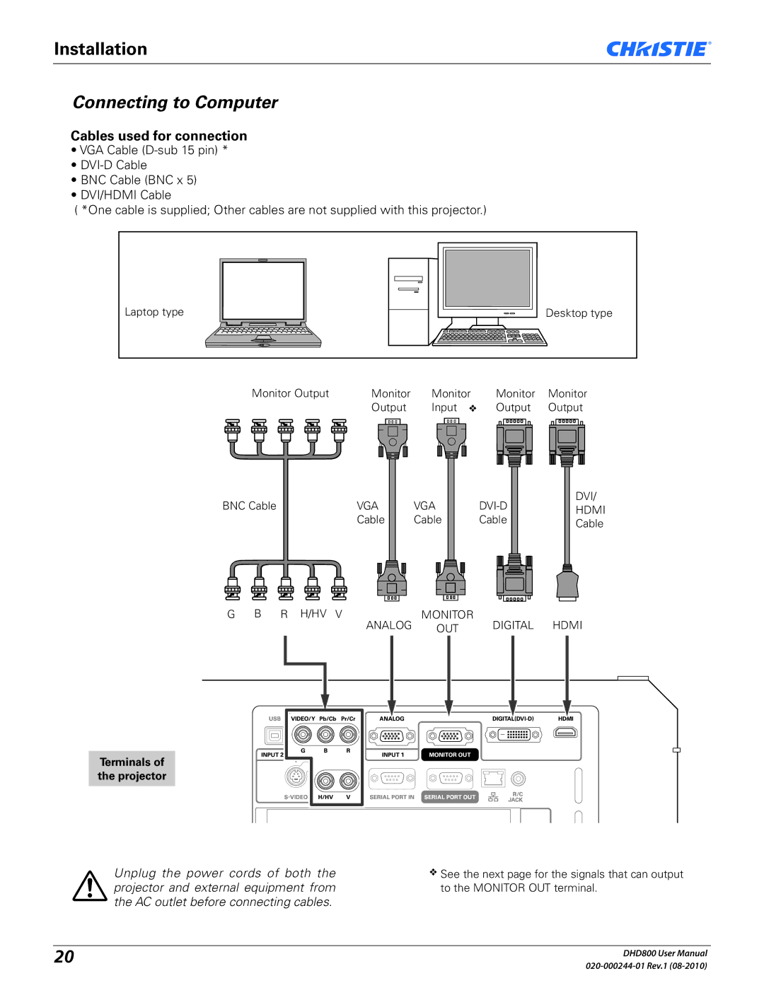 Christie Digital Systems DHD800 user manual Connecting to Computer, Cables used for connection, Terminals of the projector 