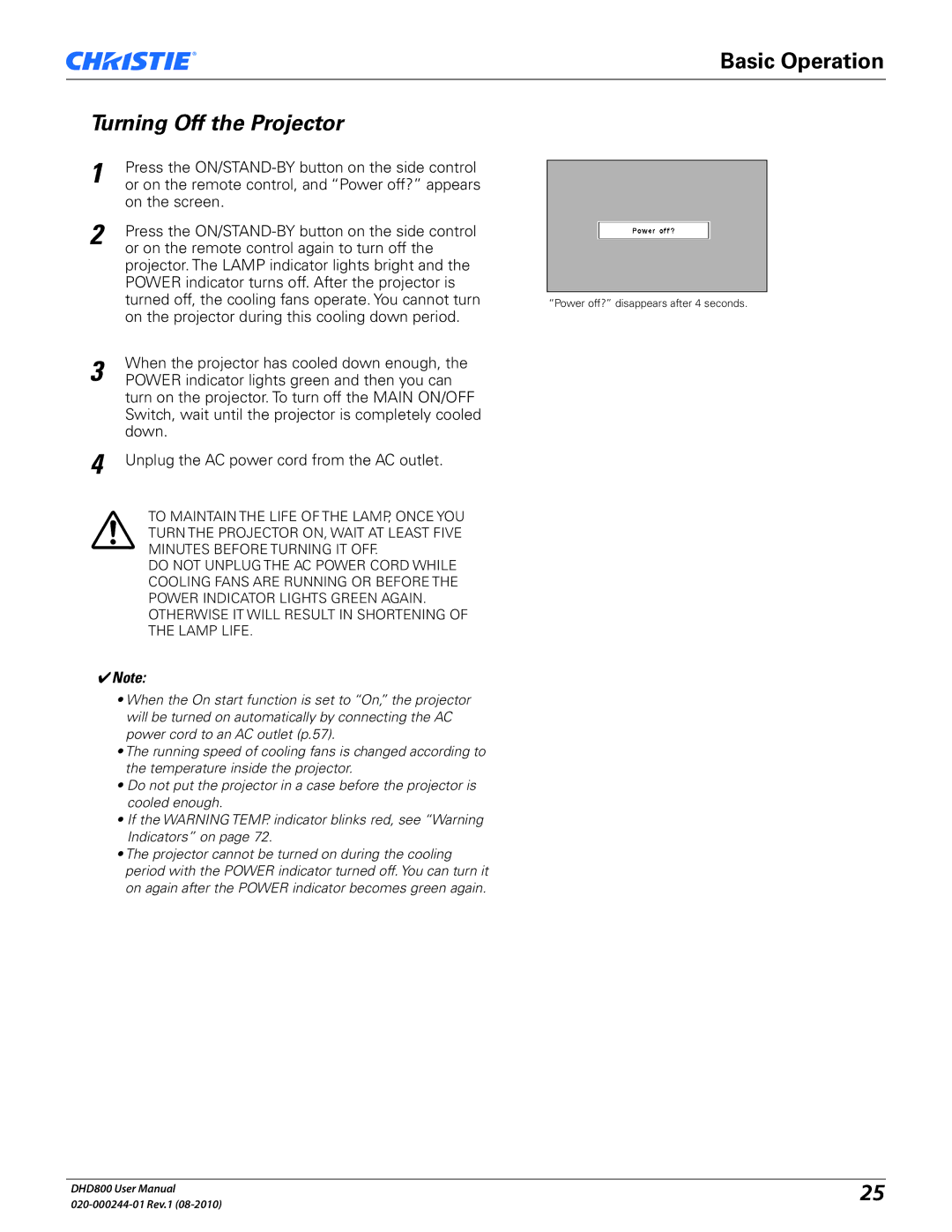 Christie Digital Systems DHD800 user manual Turning Off the Projector 