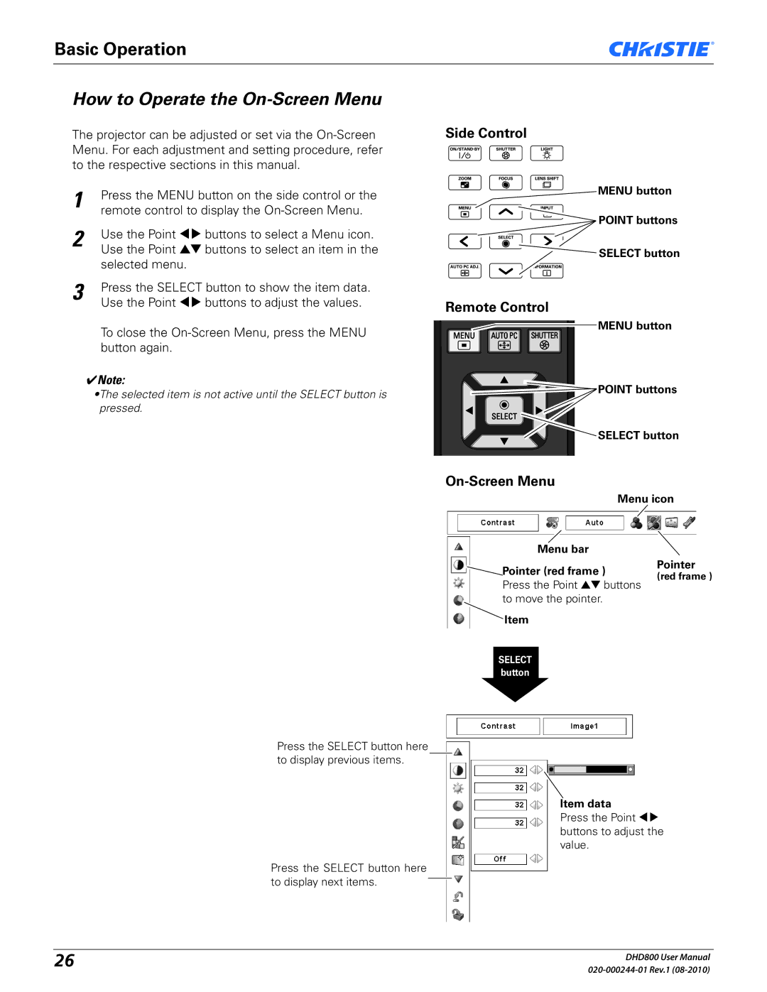 Christie Digital Systems DHD800 user manual How to Operate the On-Screen Menu, Remote Control 