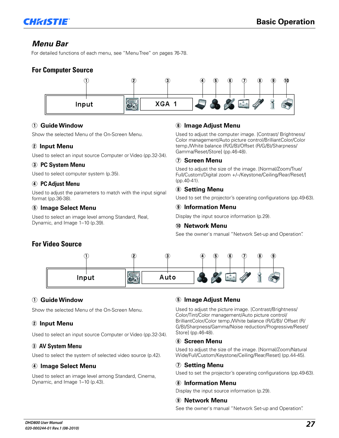 Christie Digital Systems DHD800 user manual Menu Bar 