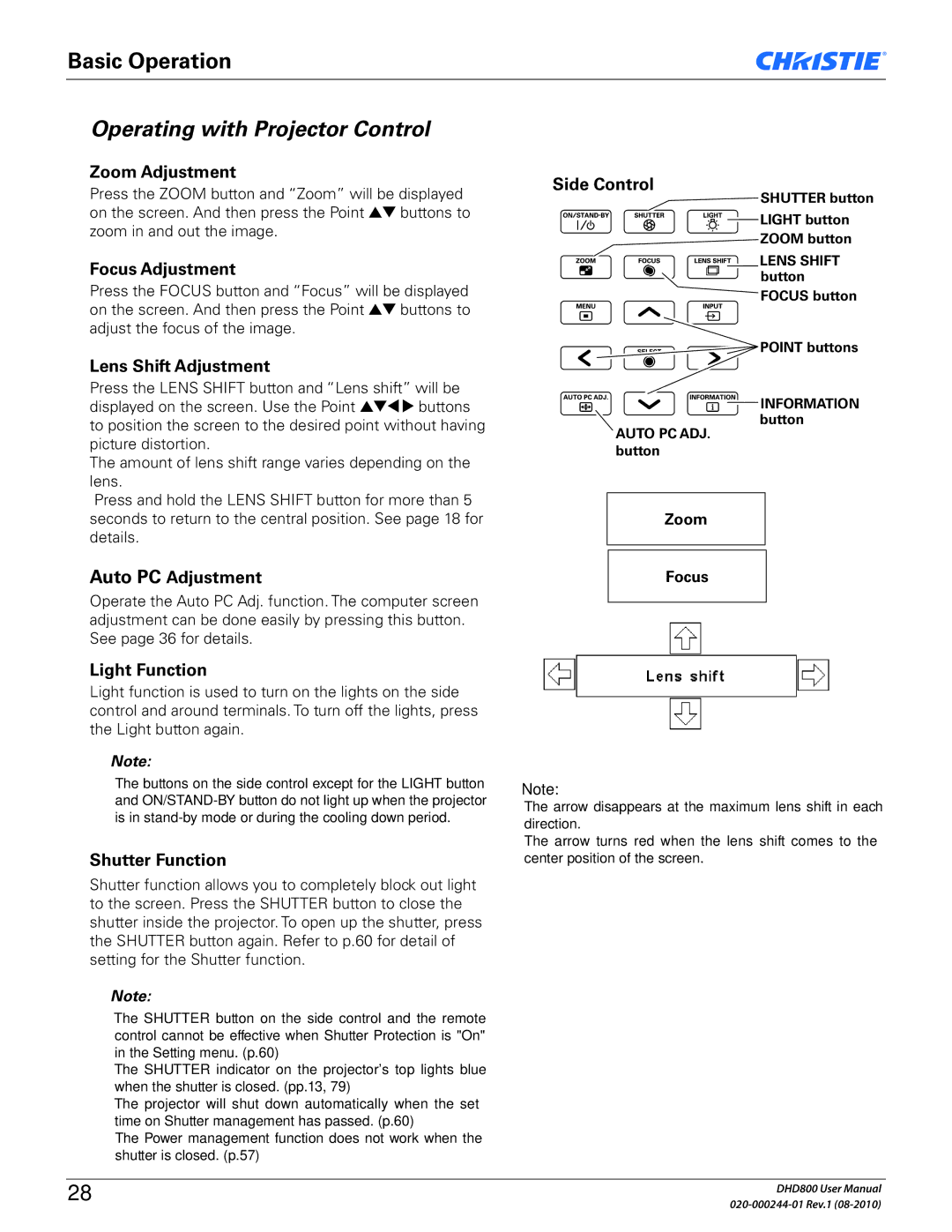 Christie Digital Systems DHD800 user manual Operating with Projector Control 