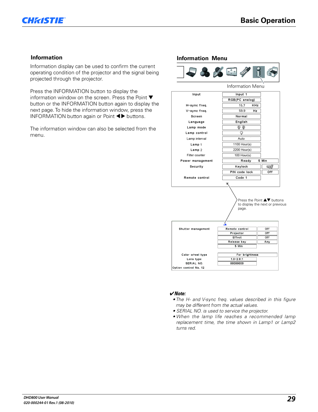 Christie Digital Systems DHD800 user manual Information Menu 