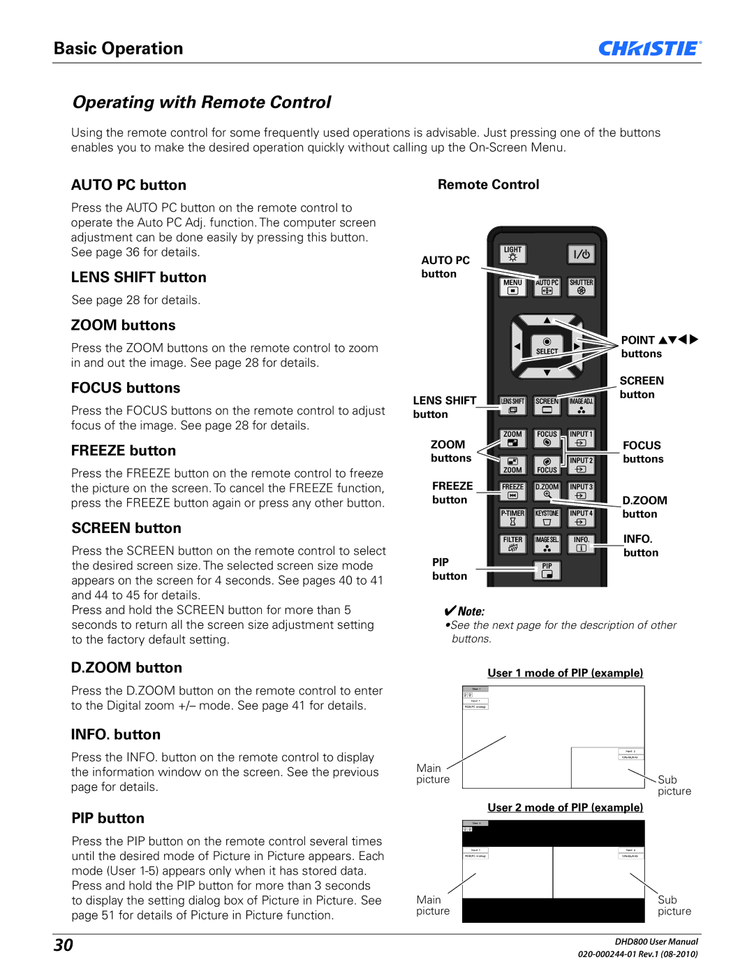 Christie Digital Systems DHD800 user manual Operating with Remote Control 