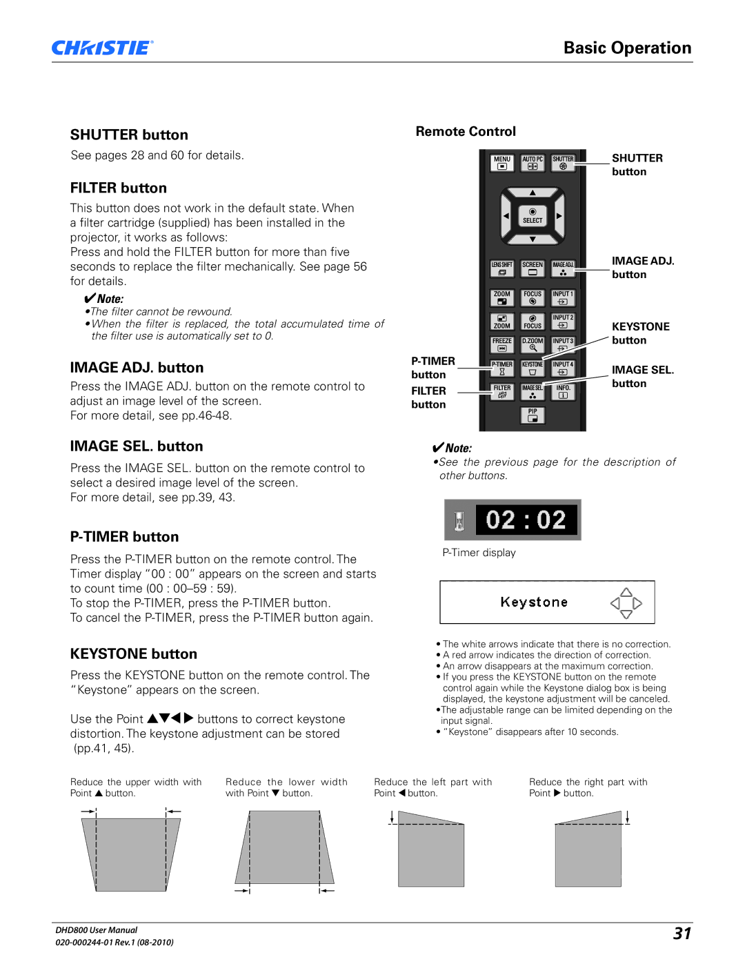 Christie Digital Systems DHD800 Shutter button, Filter button, Image ADJ. button, Image SEL. button, Timer button 