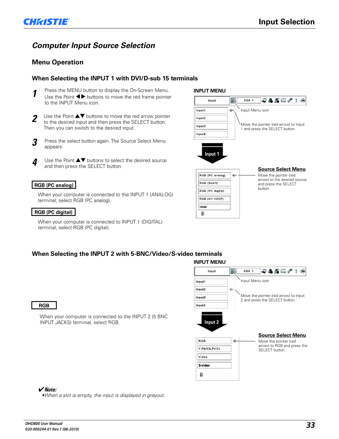 Christie Digital Systems DHD800 user manual Computer Input Source Selection, Menu Operation, Input Menu RGB 