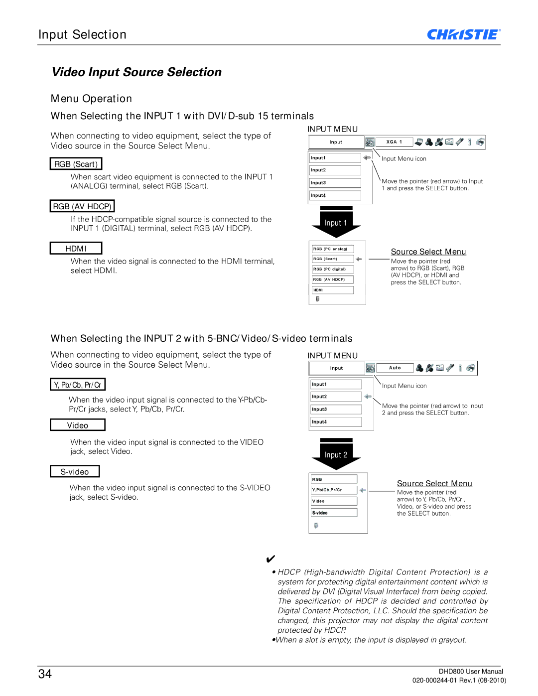 Christie Digital Systems DHD800 user manual Video Input Source Selection, RGB AV Hdcp, Pb/Cb, Pr/Cr 