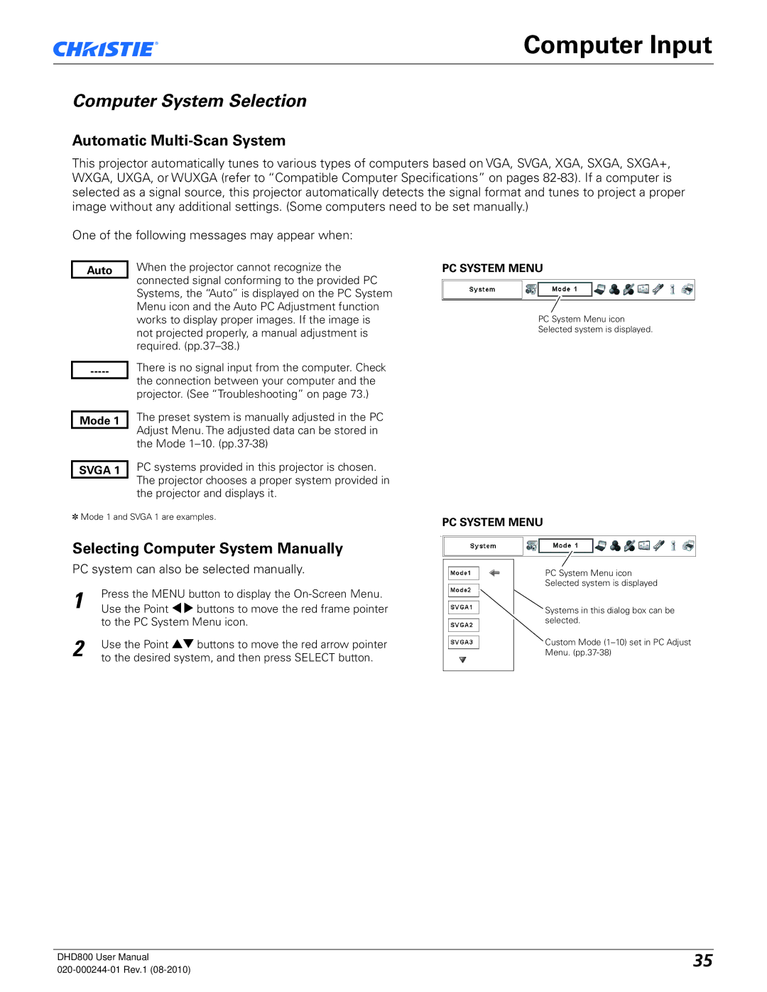 Christie Digital Systems DHD800 user manual Computer Input, Computer System Selection, Automatic Multi-Scan System 