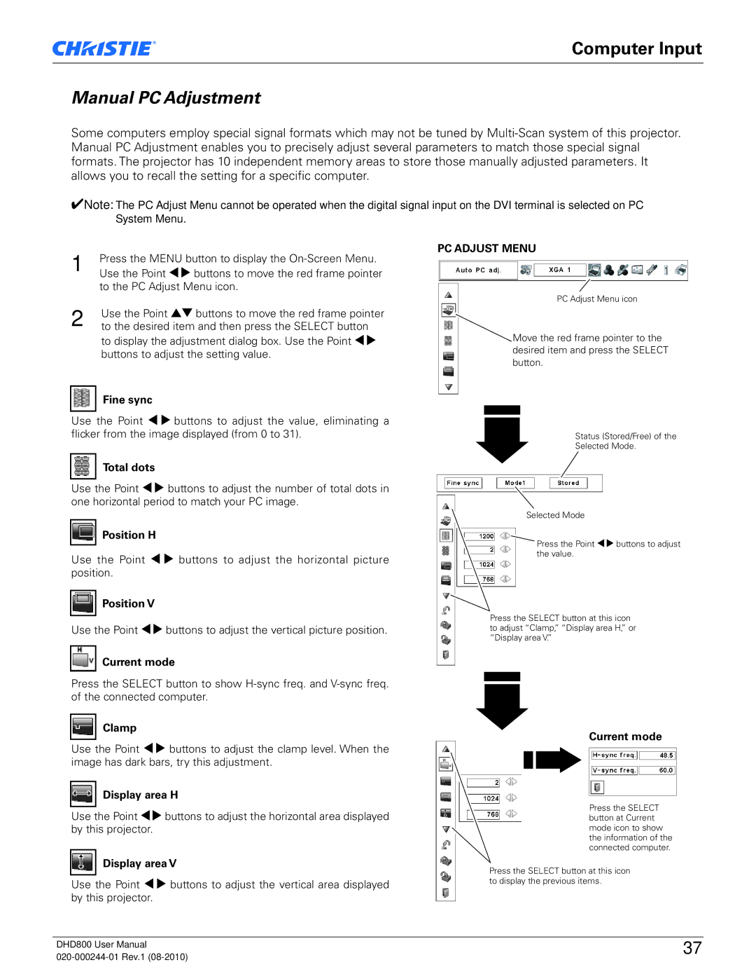 Christie Digital Systems DHD800 user manual Manual PC Adjustment 