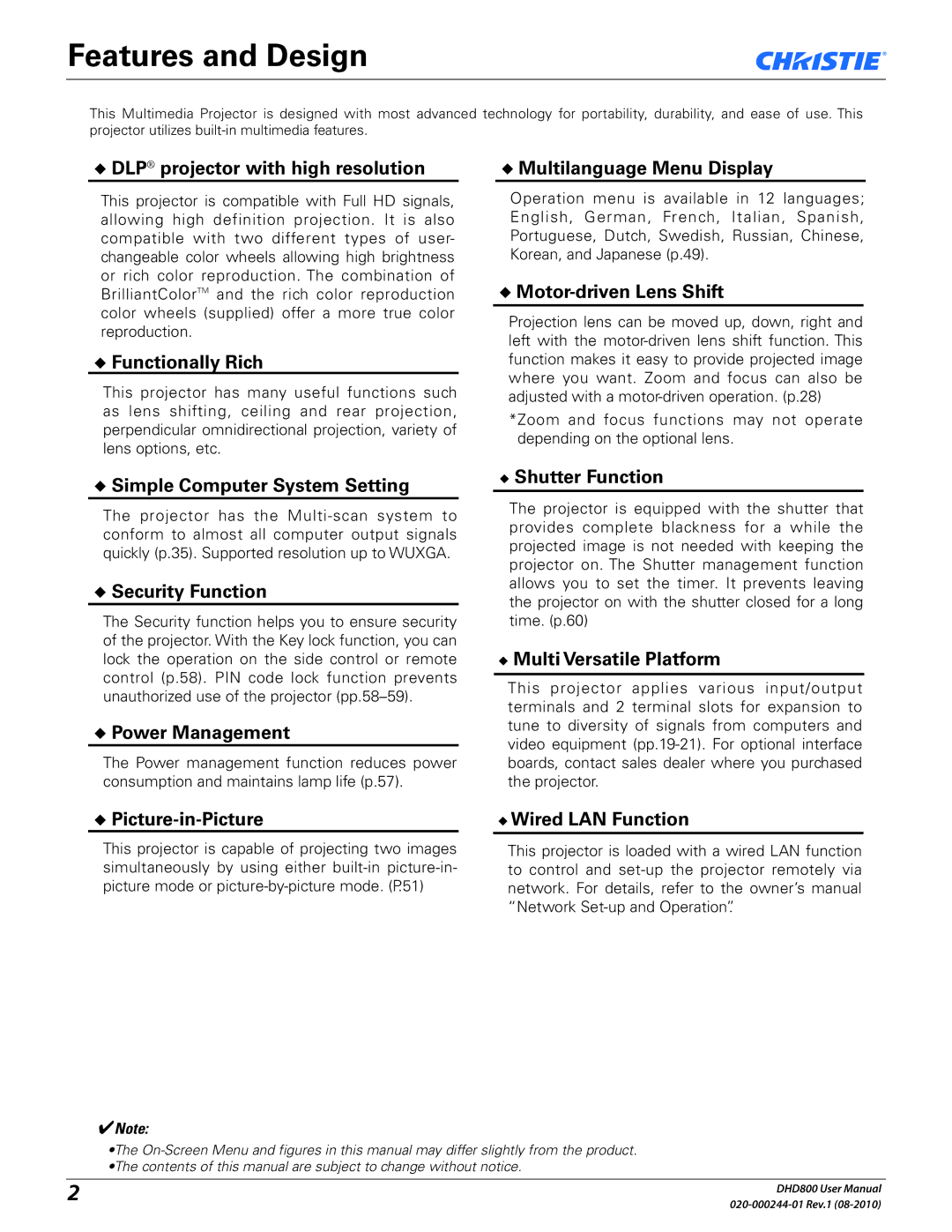 Christie Digital Systems DHD800 user manual Features and Design 