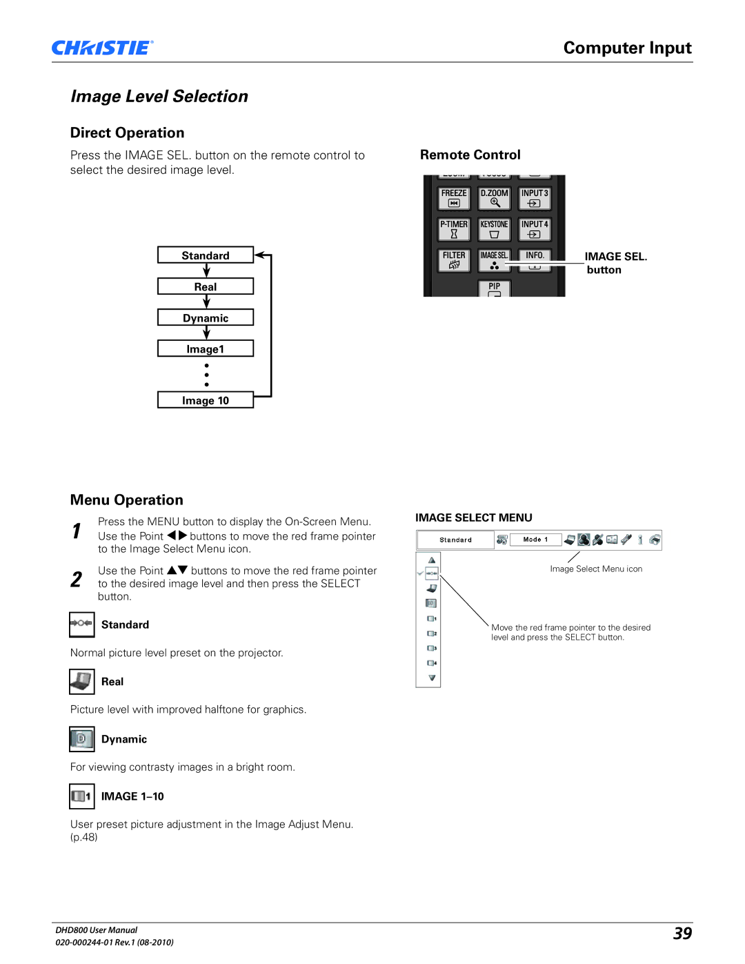 Christie Digital Systems DHD800 Image Level Selection, Standard Real Dynamic Image1 Image SEL. button, Image Select Menu 