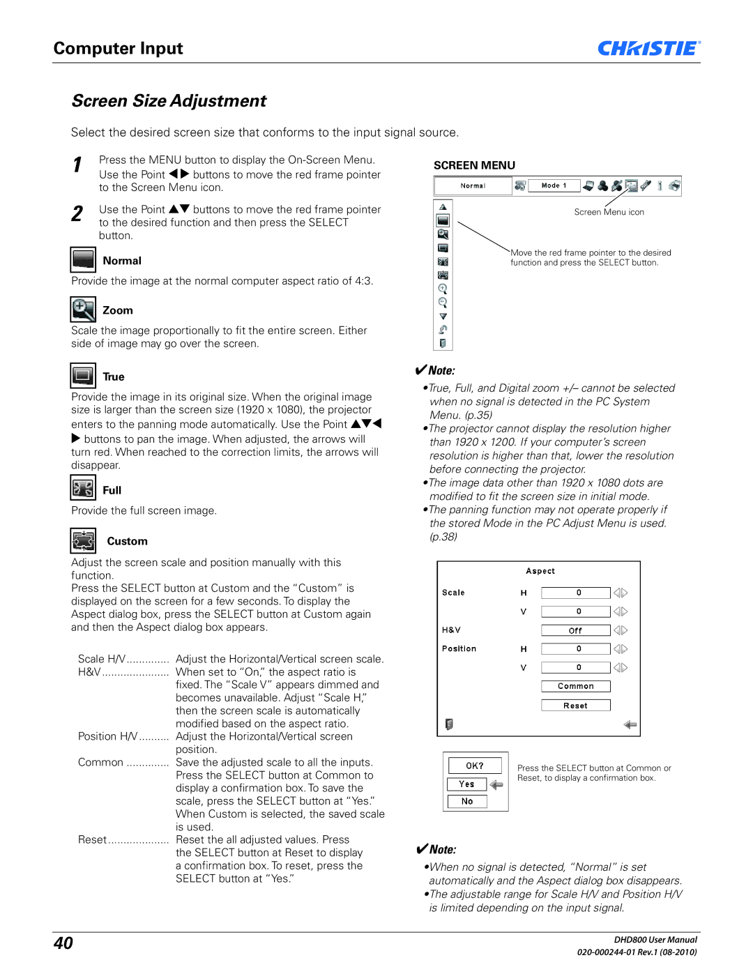 Christie Digital Systems DHD800 user manual Screen Size Adjustment, Screen Menu 