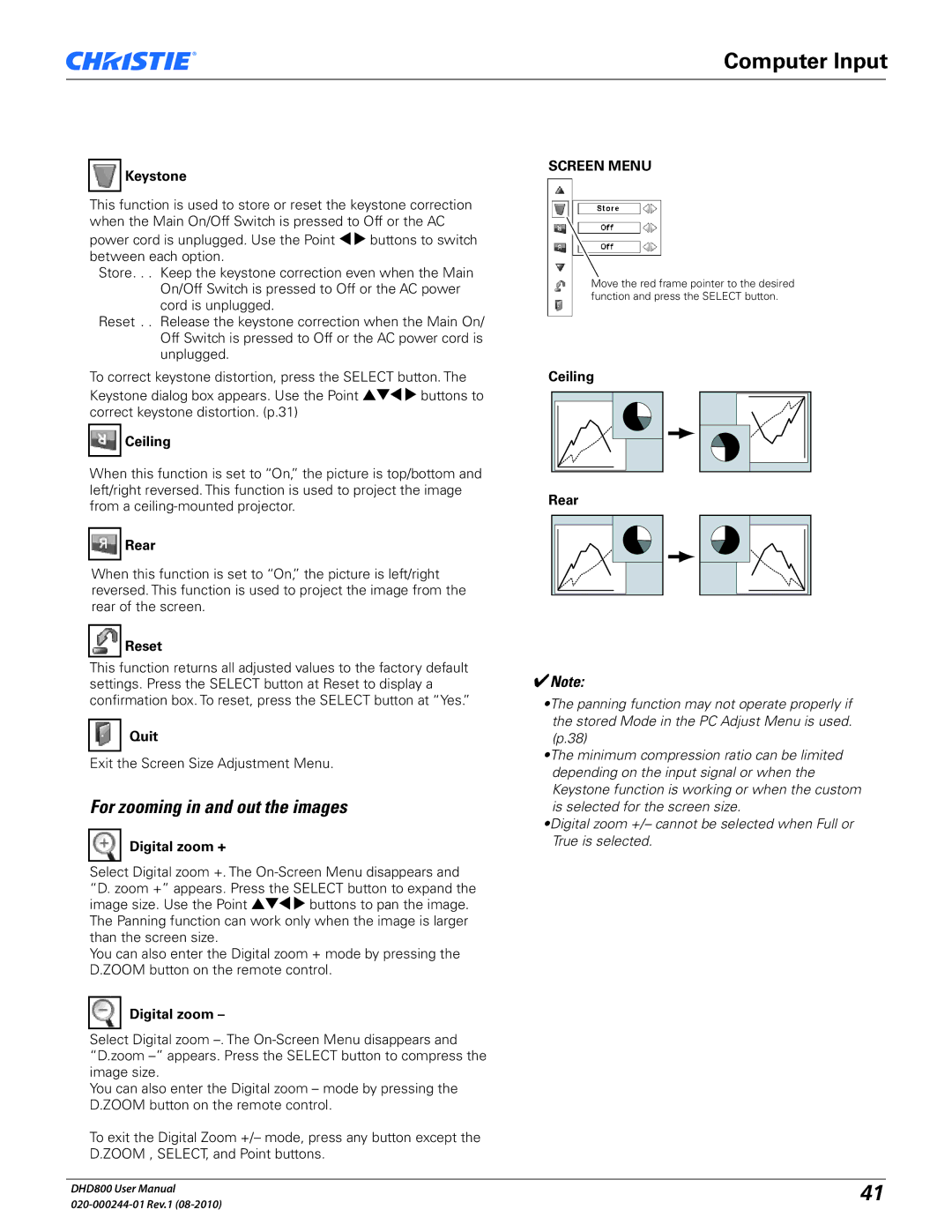 Christie Digital Systems DHD800 user manual Keystone, Ceiling, Rear, Digital zoom + 