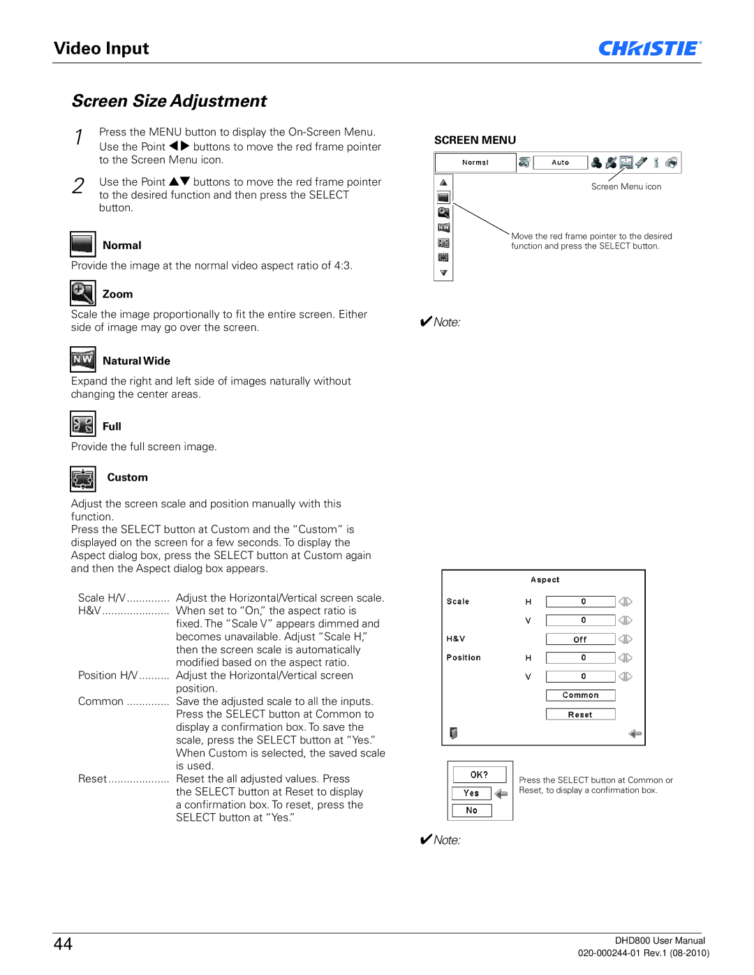 Christie Digital Systems DHD800 user manual Screen Size Adjustment, Natural Wide 