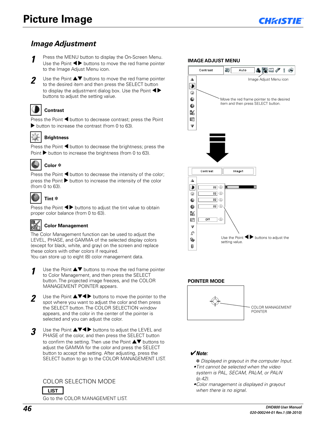 Christie Digital Systems DHD800 user manual Picture Image, Image Adjustment, List, Image Adjust Menu, Pointer Mode 