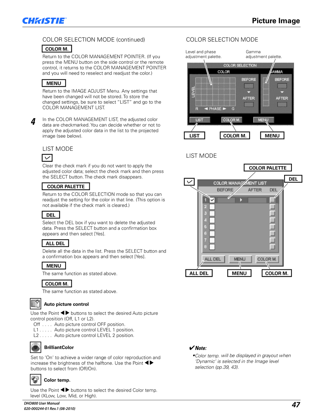 Christie Digital Systems DHD800 user manual List Color M Menu, Color Palette, All Del 