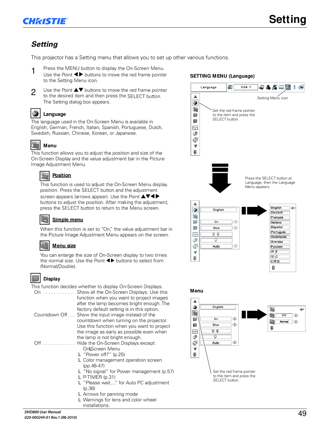 Christie Digital Systems DHD800 user manual Setting 