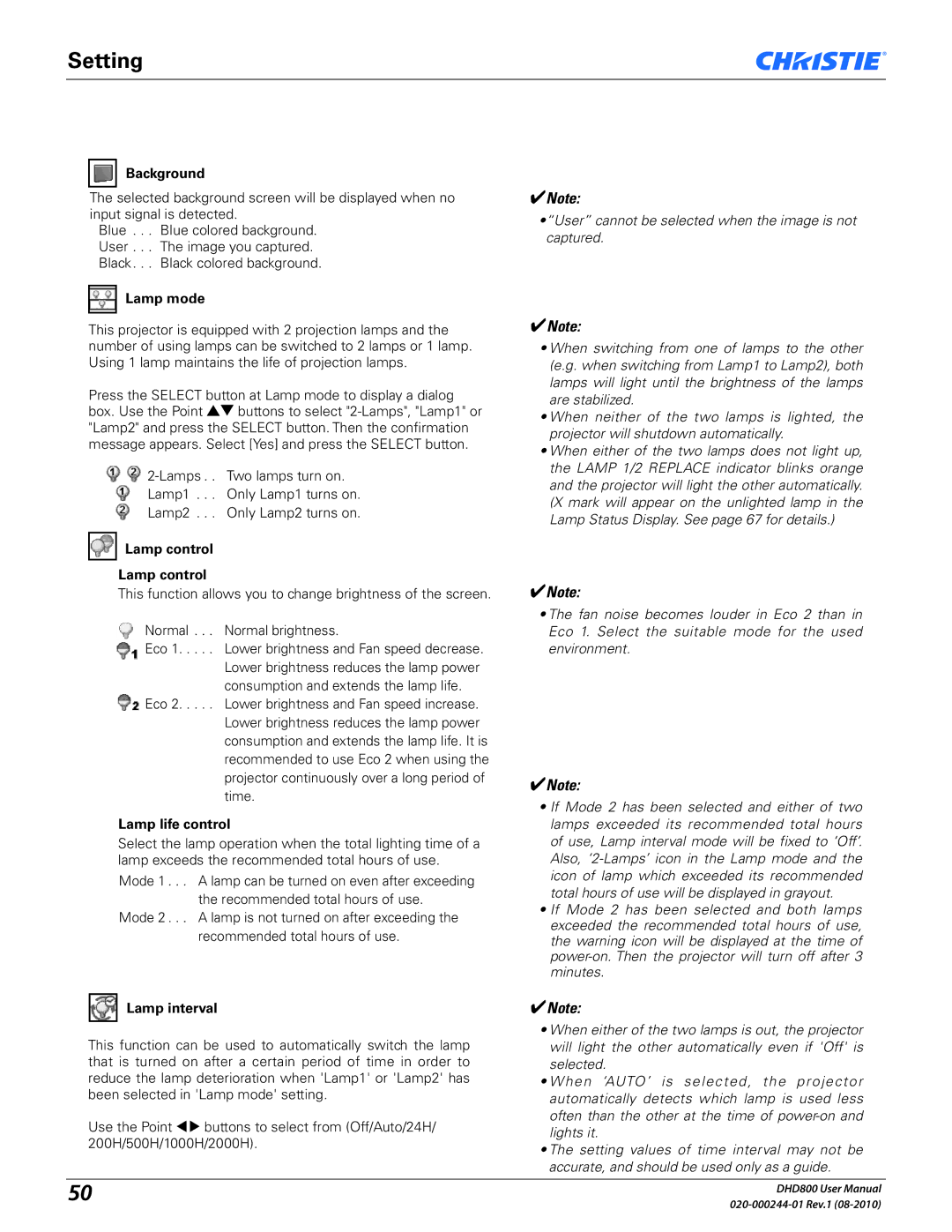 Christie Digital Systems DHD800 user manual Background, Lamp mode, Lamp control, Lamp life control, Lamp interval 