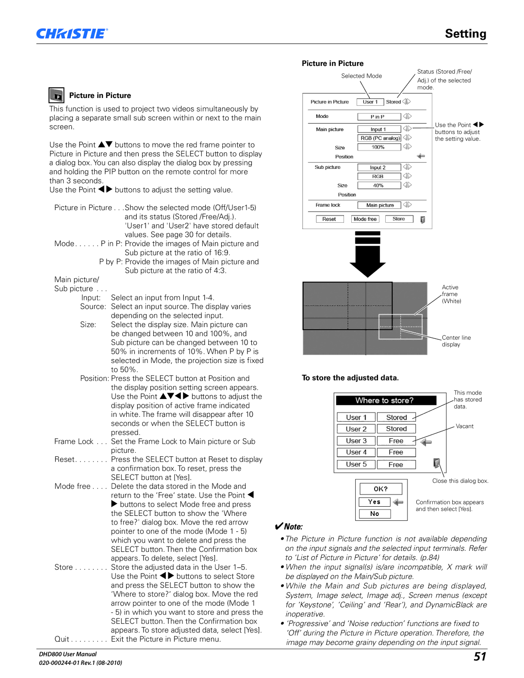 Christie Digital Systems DHD800 user manual Picture in Picture 