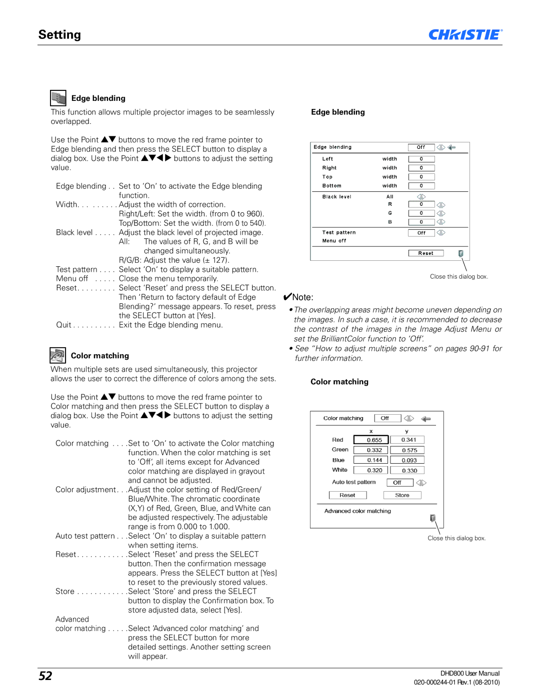 Christie Digital Systems DHD800 user manual Edge blending, Color matching 