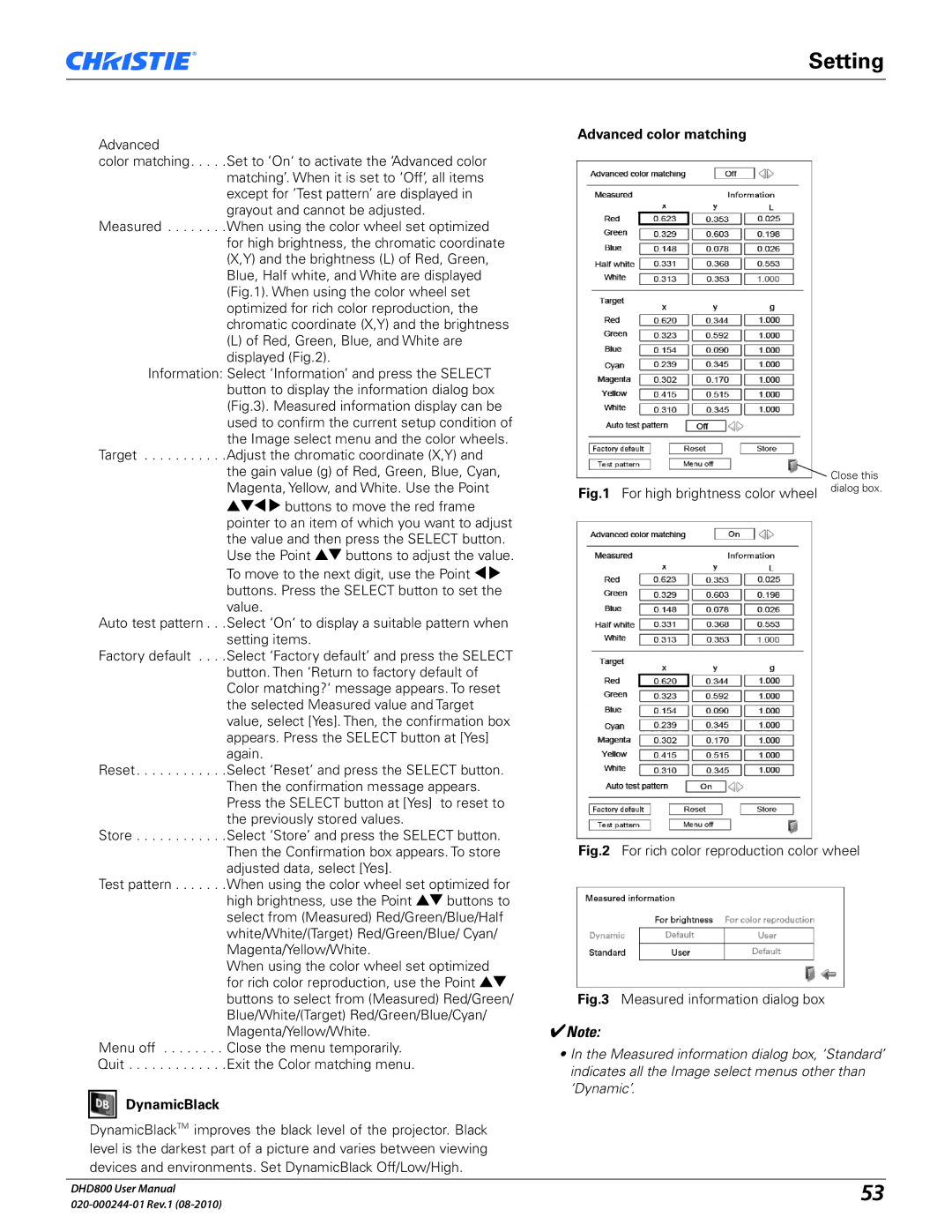 Christie Digital Systems DHD800 user manual DynamicBlack, Advanced color matching 