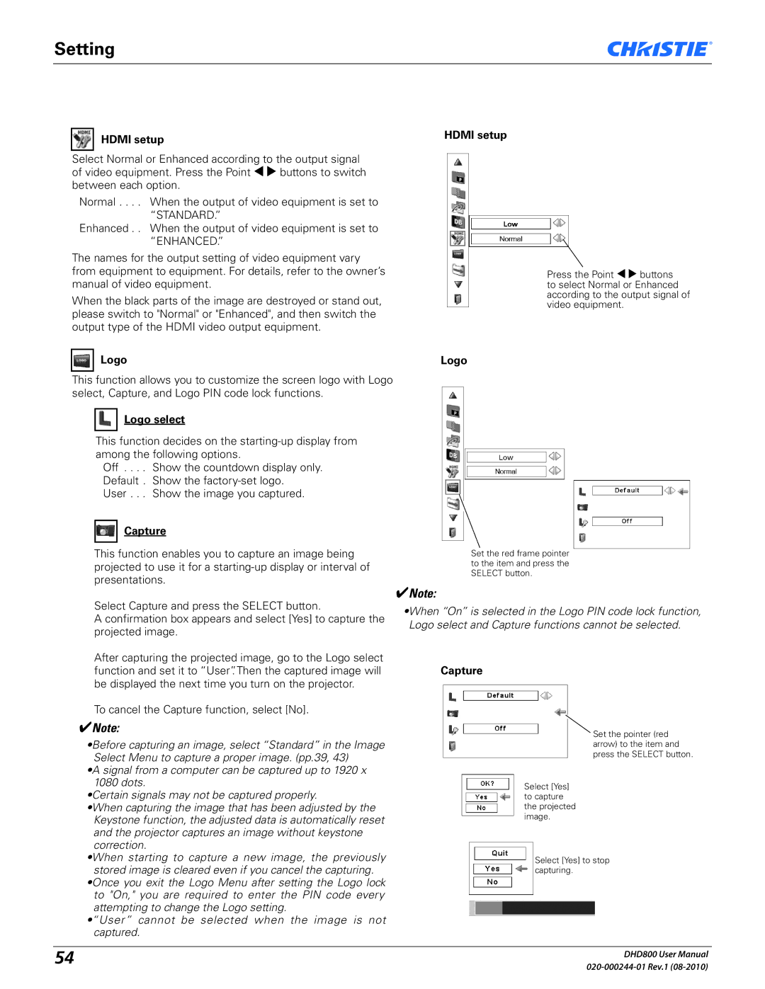 Christie Digital Systems DHD800 user manual Hdmi setup, Logo select, Capture 