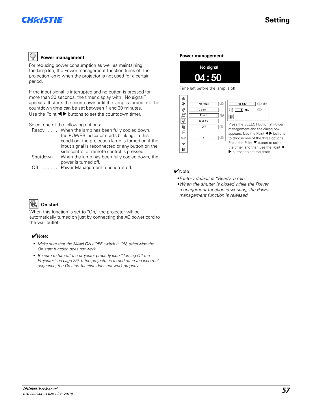 Christie Digital Systems DHD800 user manual Power management, On start 