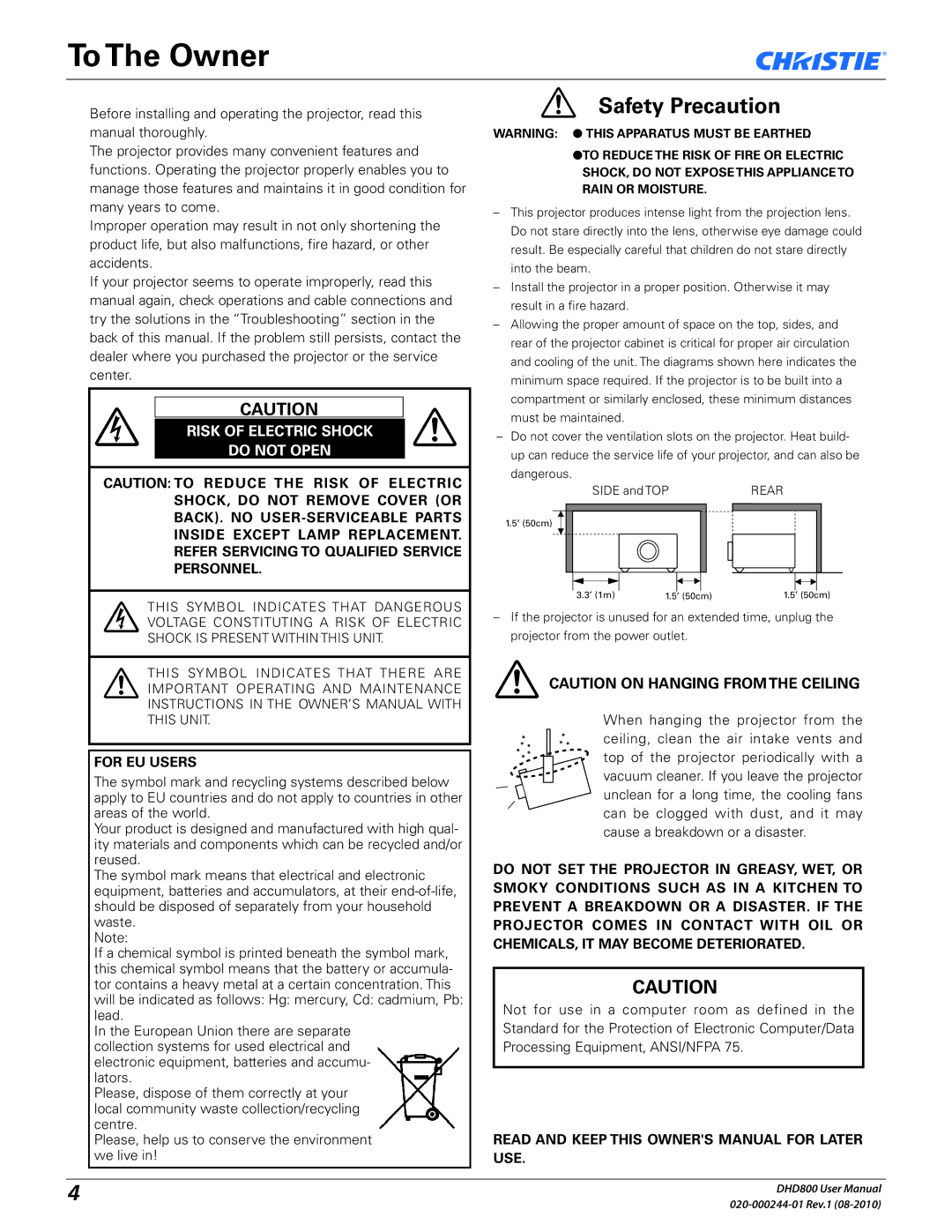 Christie Digital Systems DHD800 user manual To The Owner, For EU Users 