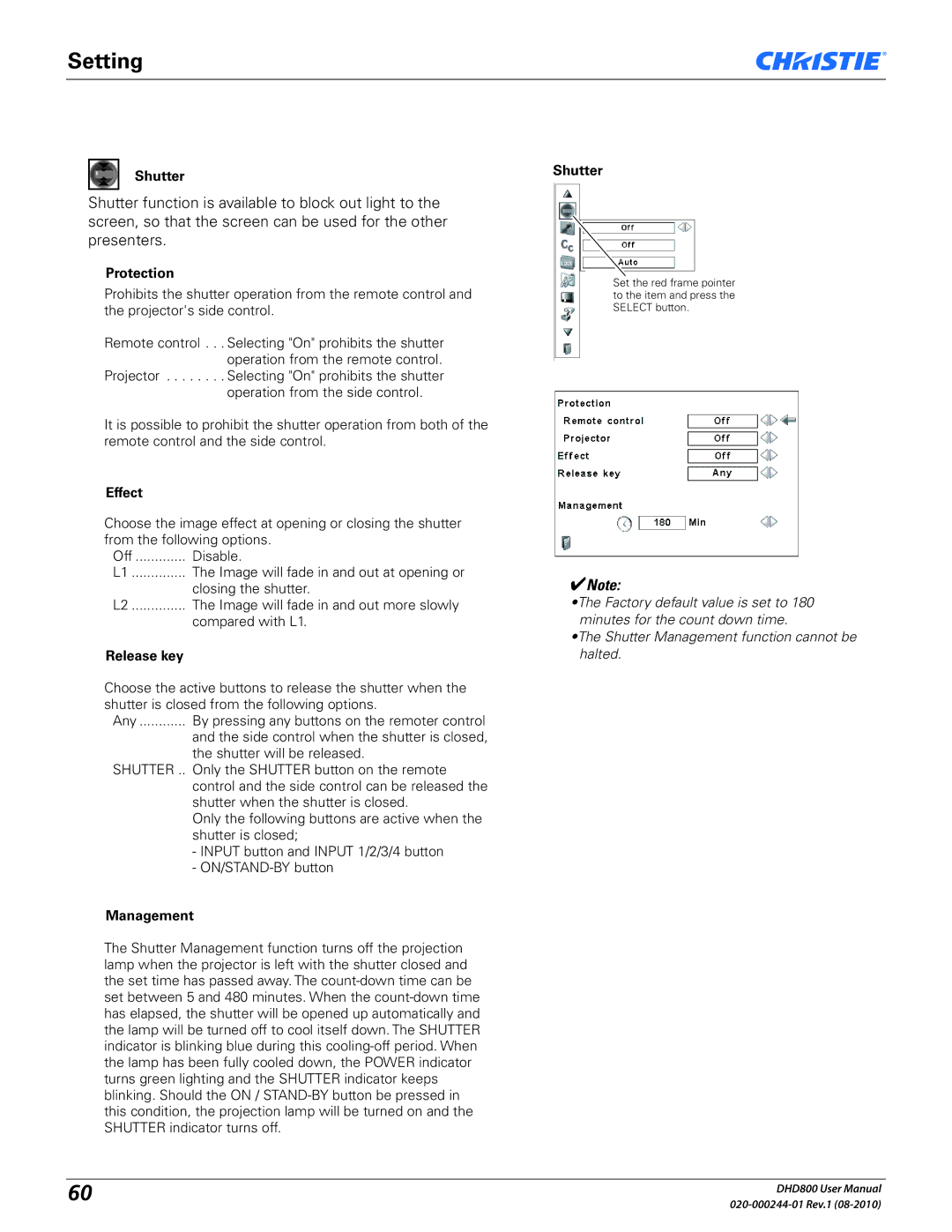 Christie Digital Systems DHD800 user manual Protection, Effect, Release key, Management Shutter 