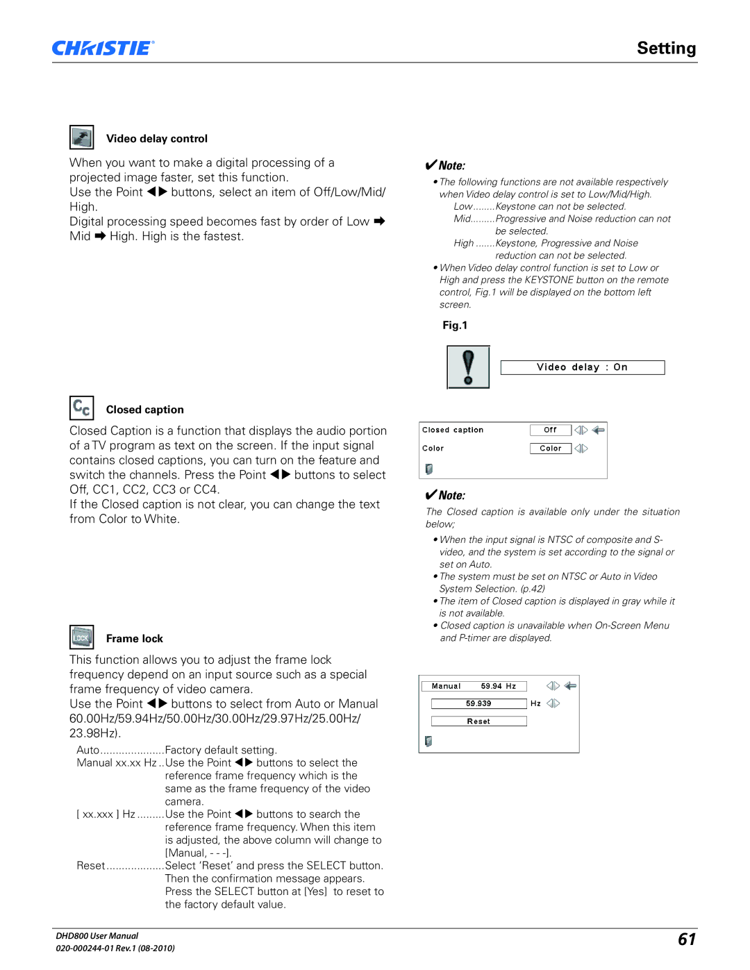 Christie Digital Systems DHD800 user manual Video delay control, Closed caption, Frame lock 