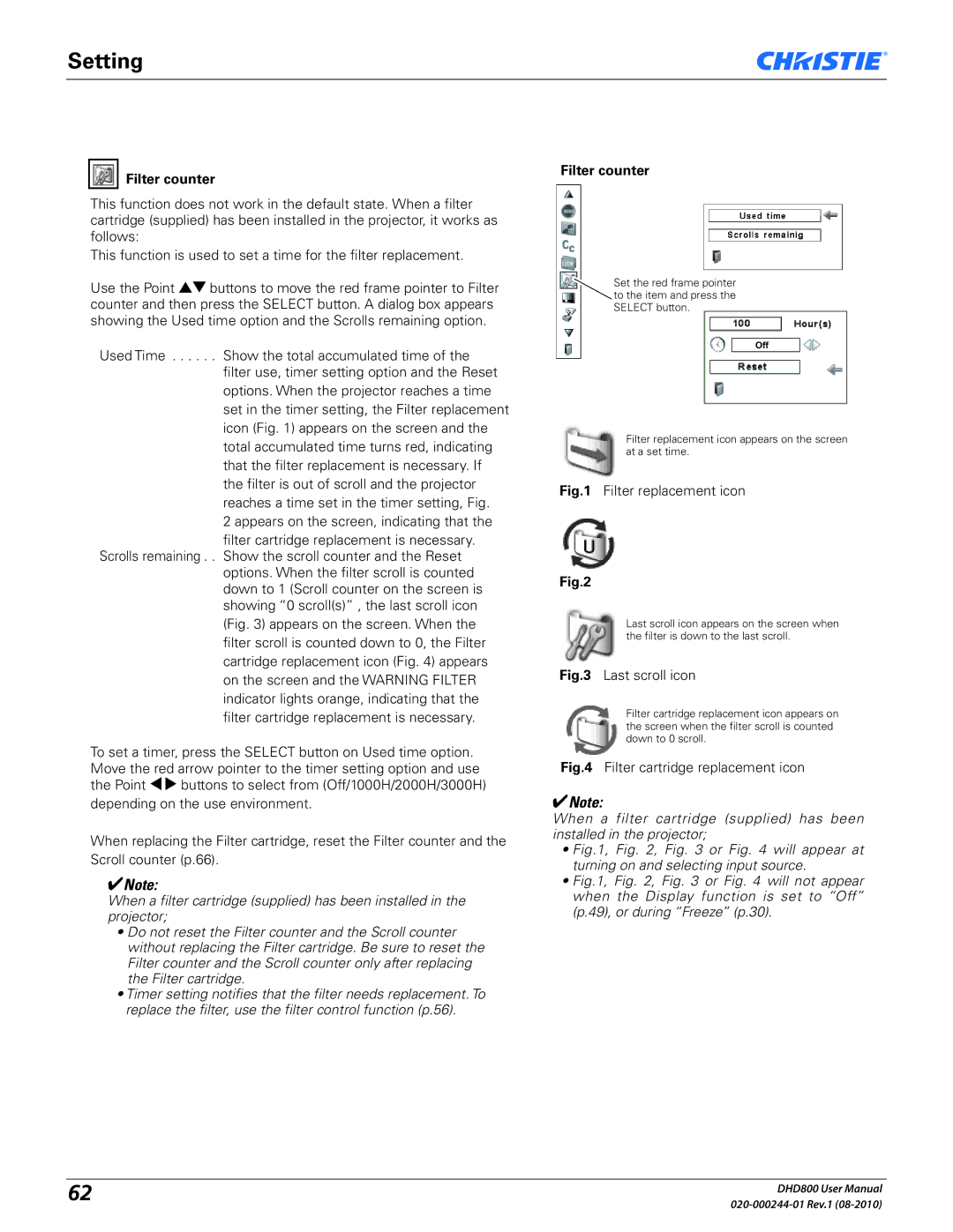 Christie Digital Systems DHD800 user manual Filter counter, Filter replacement icon 