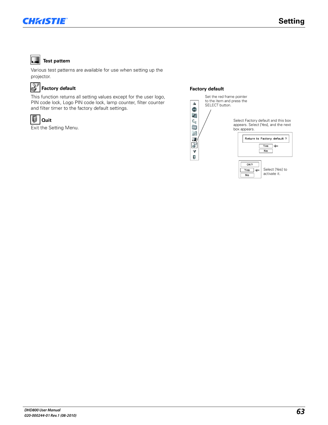 Christie Digital Systems DHD800 user manual Test pattern, Factory default 