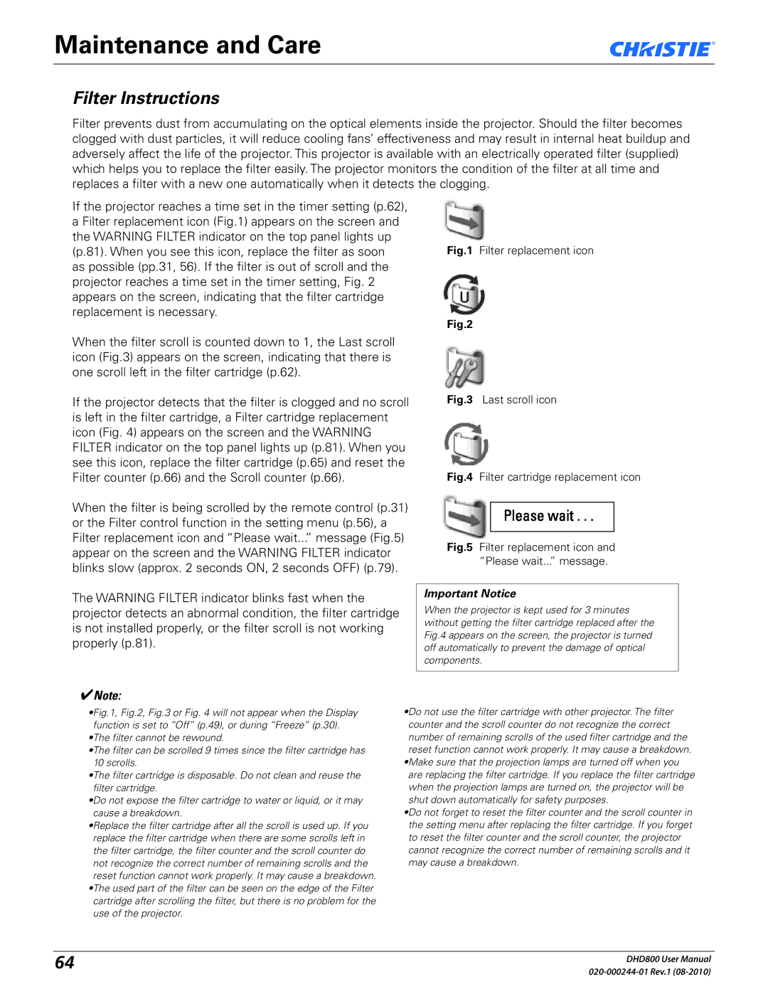 Christie Digital Systems DHD800 user manual Maintenance and Care, Filter Instructions 