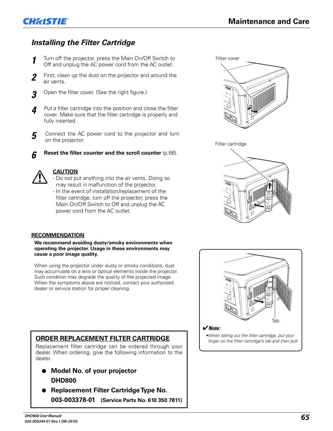 Christie Digital Systems DHD800 user manual Reset the filter counter and the scroll counter p.66, Service Parts No 350 