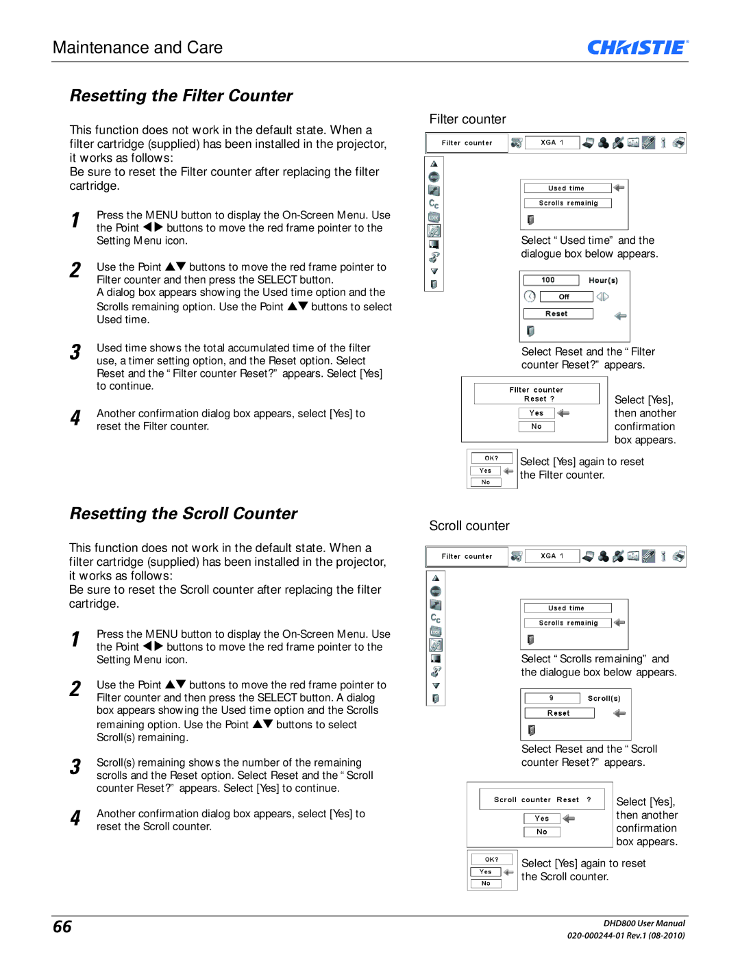 Christie Digital Systems DHD800 Resetting the Filter Counter, Resetting the Scroll Counter, Filter counter, Scroll counter 
