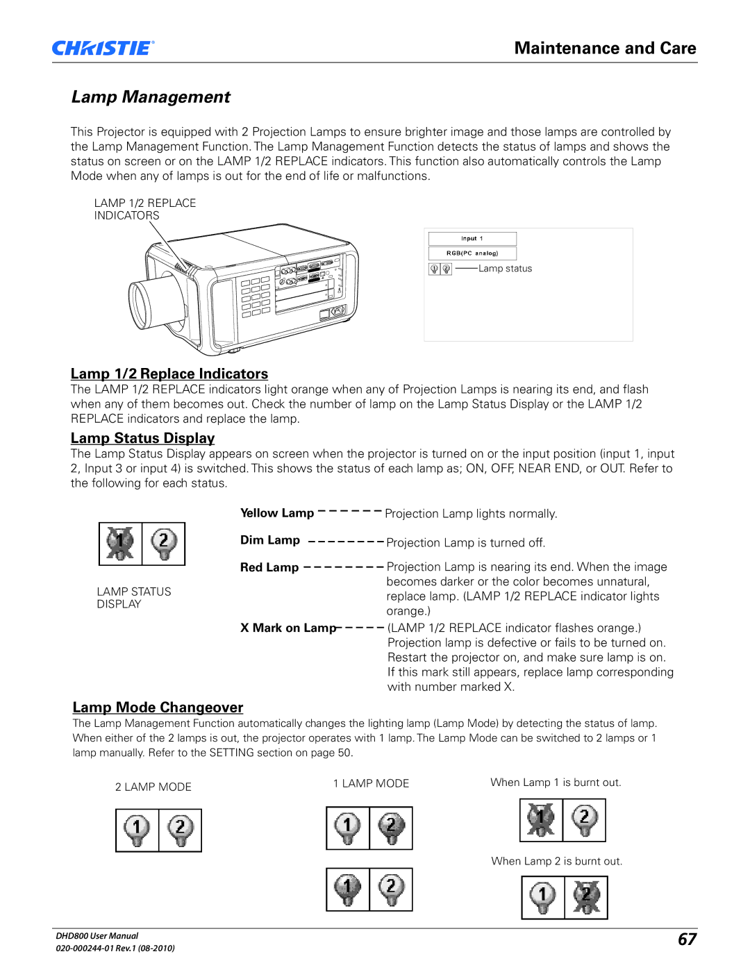 Christie Digital Systems DHD800 Lamp Management, Lamp 1/2 Replace Indicators, Lamp Status Display, Lamp Mode Changeover 