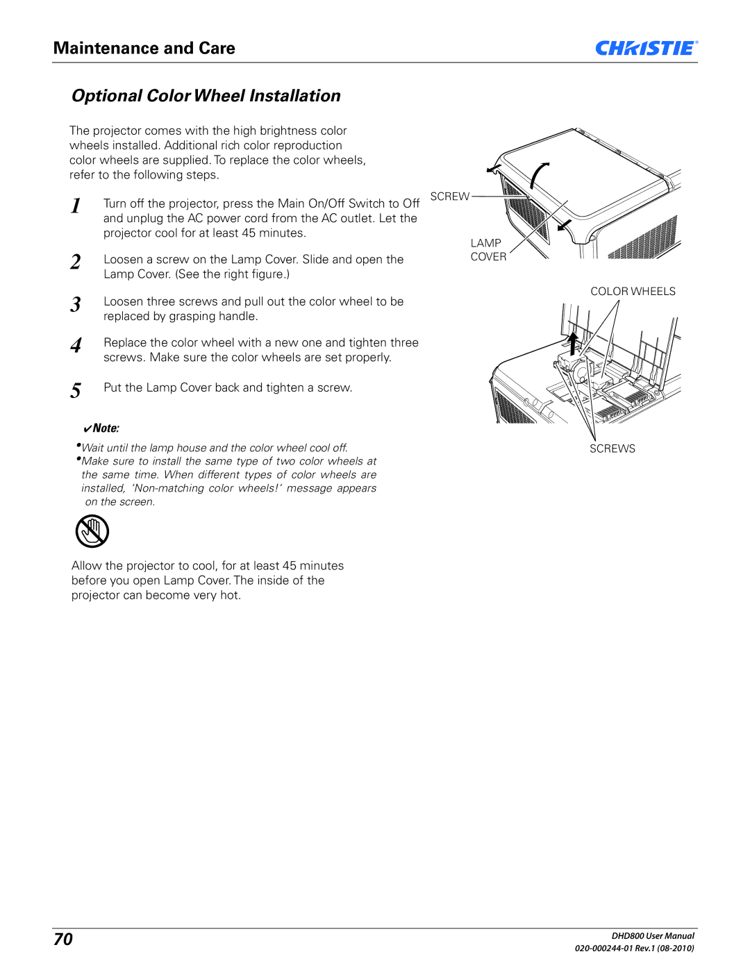 Christie Digital Systems DHD800 user manual Optional Color Wheel Installation 